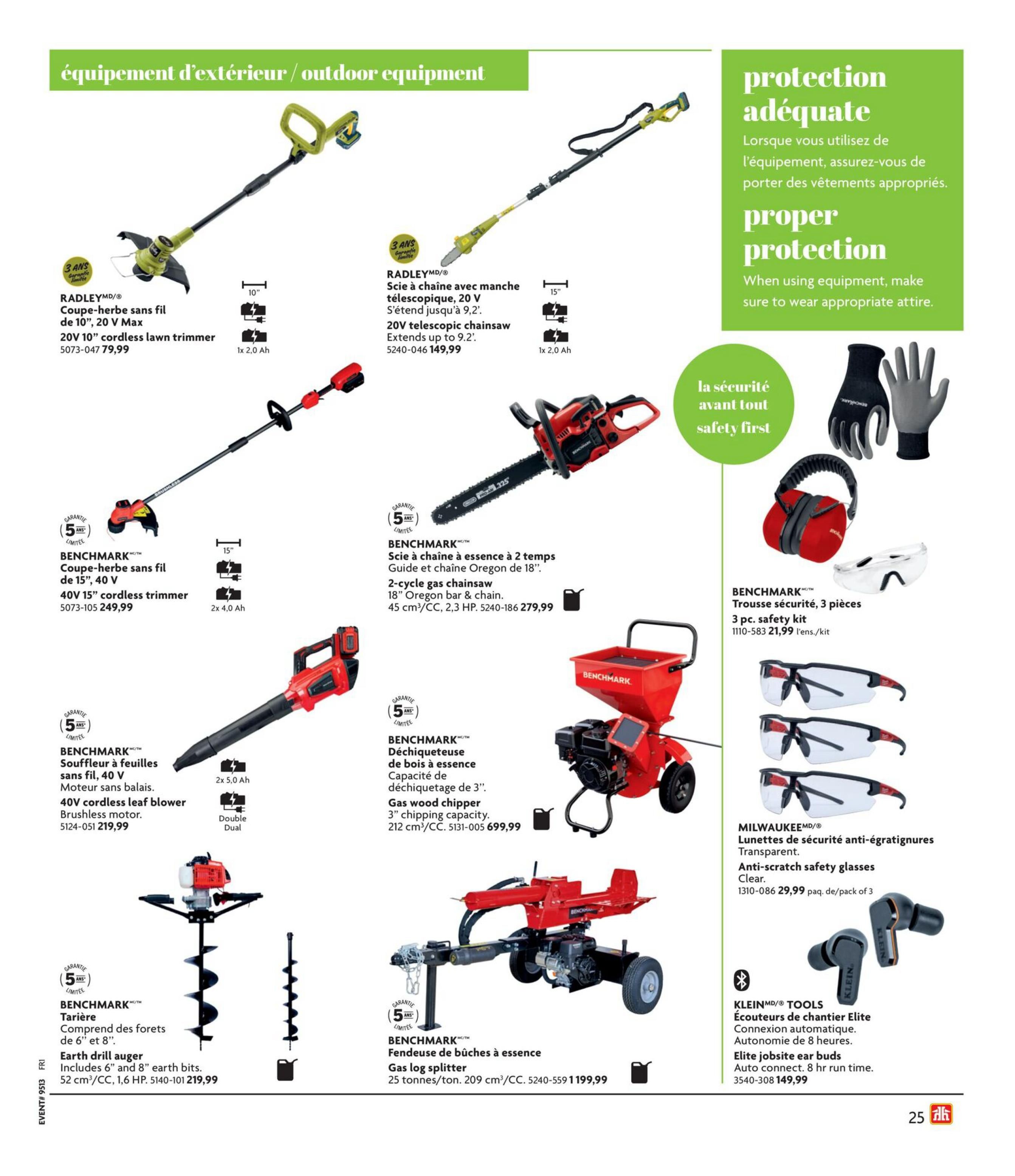 Home Hardware flyer page 27 features outdoor equipment. Includes RADLEY 20V cordless lawn trimmer for $79.99, RADLEY 20V telescopic chainsaw for $149.99, BENCHMARK 40V cordless trimmer for $249.99, BENCHMARK 40V cordless leaf blower for $219.99, BENCHMARK 2-cycle gas chainsaw for $279.99, BENCHMARK gas wood chipper for $699.99, BENCHMARK earth drill auger with bits for $219.99, and BENCHMARK gas log splitter for $1,199.99. Also available are MILWAUKEE anti-scratch safety glasses (3-pack) for $29.99 and KLEIN TOOLS elite jobsite ear buds for $149.99. A section on proper protection and safety first is also displayed.