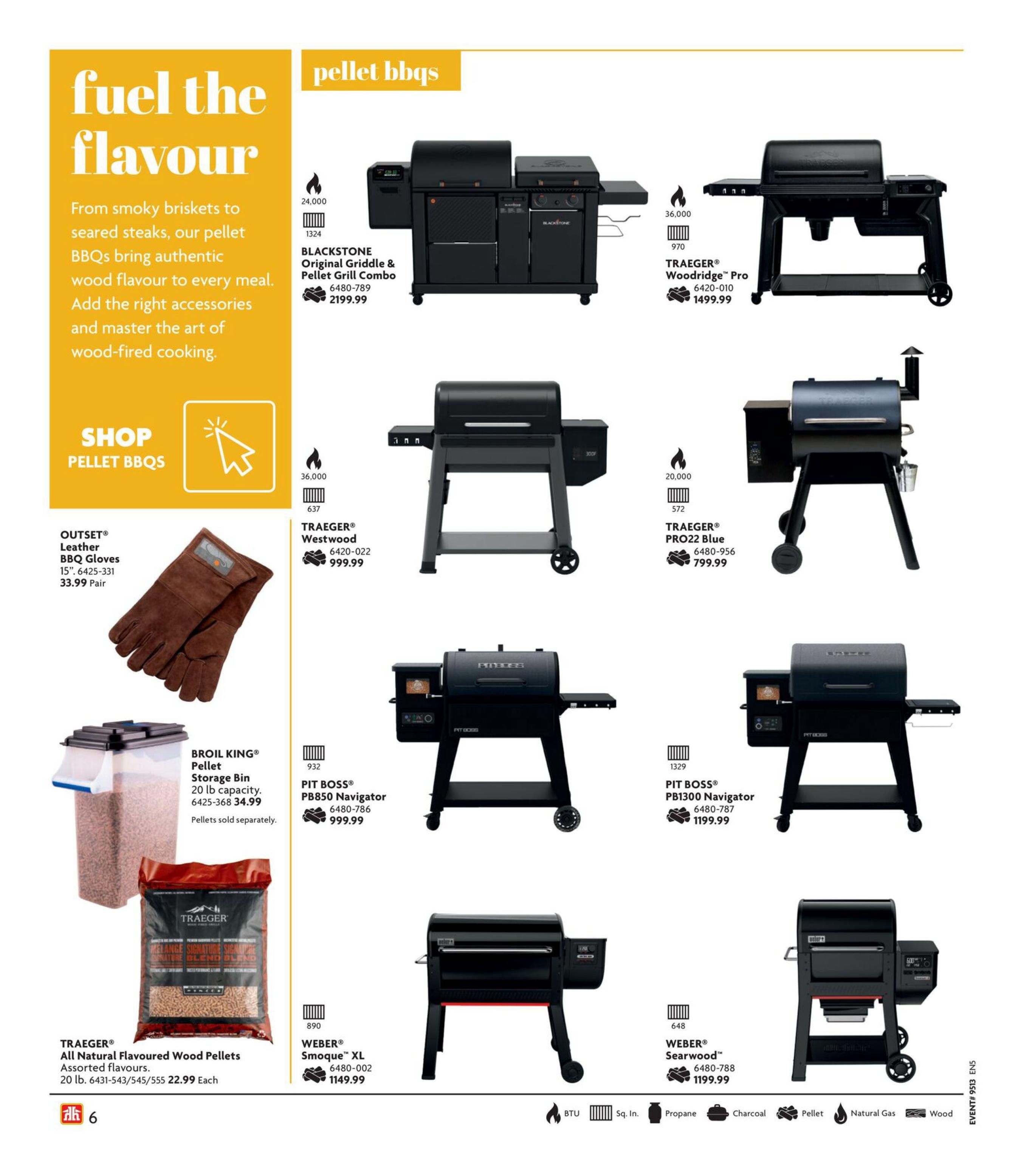 Home Hardware flyer page 7 featuring pellet BBQs. The page headline is 'fuel the flavour' with text describing how pellet BBQs bring authentic wood flavour. Featured products include the Blackstone Original Griddle & Pellet Grill Combo for $2199.99, TRAEGER Woodridge Pro for $1499.99, TRAEGER Westwood for $999.99, TRAEGER PRO22 Blue for $799.99, PIT BOSS PB850 Navigator for $999.99, PIT BOSS PB1300 Navigator for $1199.99, and WEBER Smoque XL for $1149.99, WEBER Searwood for $1199.99. Also available are OUTSET Leather BBQ Gloves for $33.99 pair, BROIL KING Pellet Storage Bin (20 lb capacity) for $34.99, and TRAEGER All Natural Flavoured Wood Pellets (20 lb) for $22.99 each. Icons indicate BTU, Sq. In., Propane, Charcoal, Pellet, Natural Gas, and Wood fuel types.