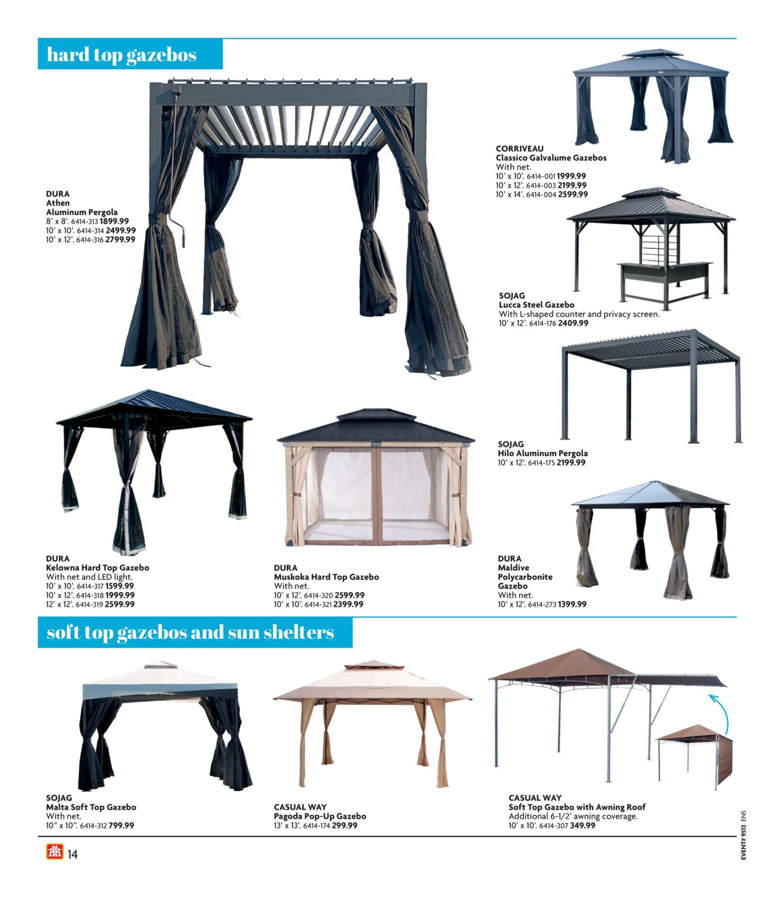 Home Hardware flyer page featuring hard top gazebos and soft top gazebos. Hard top gazebos include the DURAAthen Aluminum Pergola in sizes 8' x 8' for $1899.99, 10' x 10' for $2499.99, and 10' x 12' for $2799.99. The CORRIVEAU Classico Galvalume Gazebos are available with net in sizes 10' x 10' for $1999.99, 10' x 12' for $2199.99, and 10' x 14' for $2599.99. The SOJAG Lucca Steel Gazebo with L-shaped counter and privacy screen is available in 10' x 12' for $2409.99. The DURAKelowna Hard Top Gazebo with net and LED light comes in 10' x 10' for $1599.99, 10' x 12' for $1999.99, and 12' x 12' for $2599.99. The DURAMuskoka Hard Top Gazebo with net is offered in 10' x 12' for $2599.99 and 10' x 10' for $2399.99. The SOJAG Hilo Aluminum Pergola is available in 10' x 12' for $2199.99. The DURAMaldive Polycarbonate Gazebo with net is priced at $1399.99 for the 10' x 12' size. Soft top gazebos and sun shelters include the SOJAG Malta Soft Top Gazebo with net in 10' x 10' for $799.99. The CASUAL WAY Pagoda Pop-Up Gazebo is 13' x 13' for $299.99. The CASUAL WAY Soft Top Gazebo with Awning Roof offers additional 6-1/2' awning coverage and is available in 10' x 10' for $349.99.