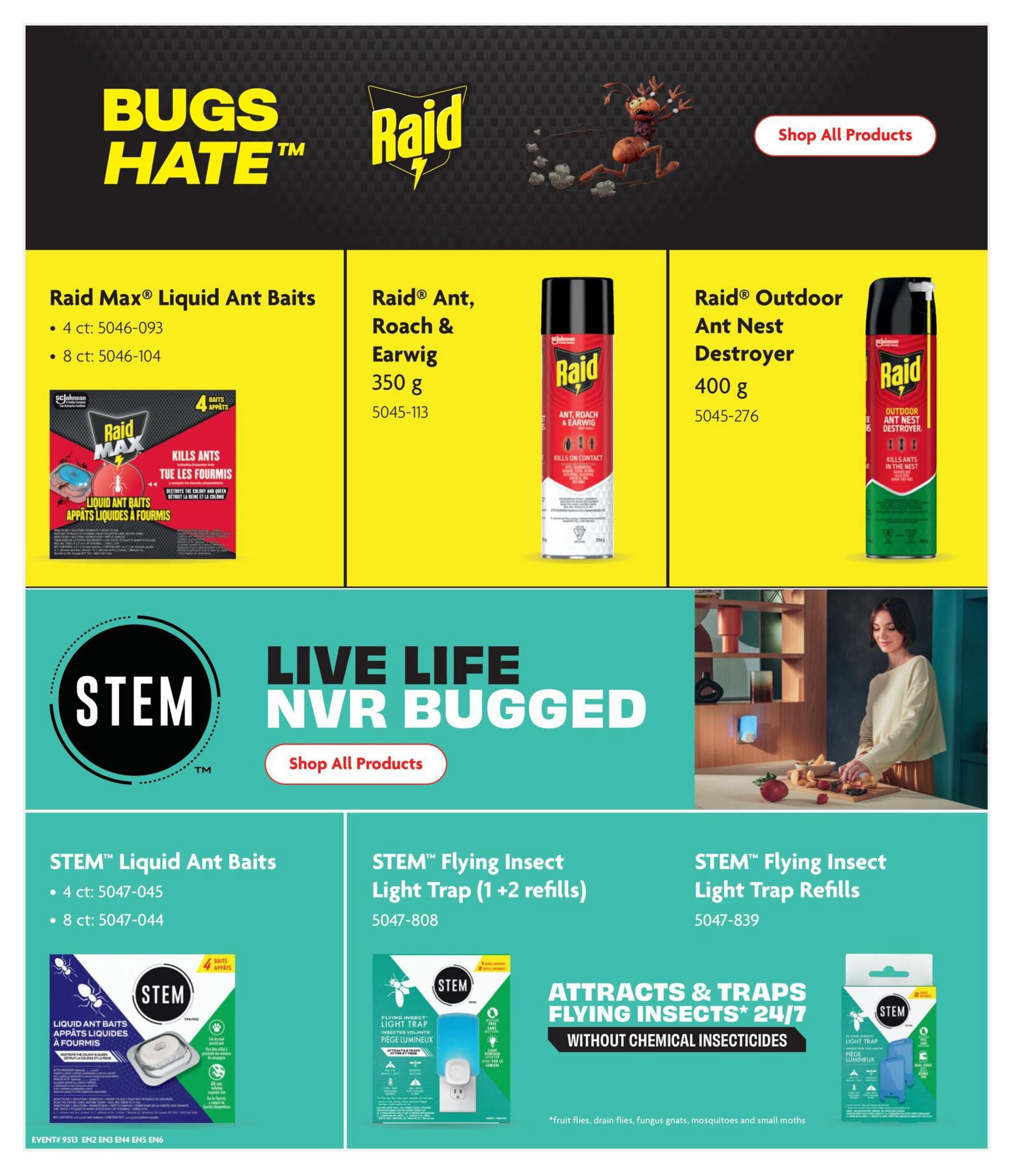 Home Hardware flyer page 23 features pest control products. Top section showcases Raid products: Raid Max Liquid Ant Baits (4 ct: 5046-093, 8 ct: 5046-104), Raid Ant, Roach & Earwig spray (350 g: 5045-113), and Raid Outdoor Ant Nest Destroyer (400 g: 5045-276). A banner reads 'BUGS HATE' with Raid branding and an animated ant. Below, a section with the tagline 'LIVE LIFE NVR BUGGED' and a 'Shop All Products' button. The bottom section highlights STEM products: STEM Liquid Ant Baits (4 ct: 5047-045, 8 ct: 5047-044), STEM Flying Insect Light Trap with 1+2 refills (5047-808), and STEM Flying Insect Light Trap Refills (5047-839). A graphic states 'ATTRACTS & TRAPS FLYING INSECTS 24/7 WITHOUT CHEMICAL INSECTICIDES', with a footnote mentioning fruit flies, drain flies, fungus gnats, mosquitoes, and small moths.