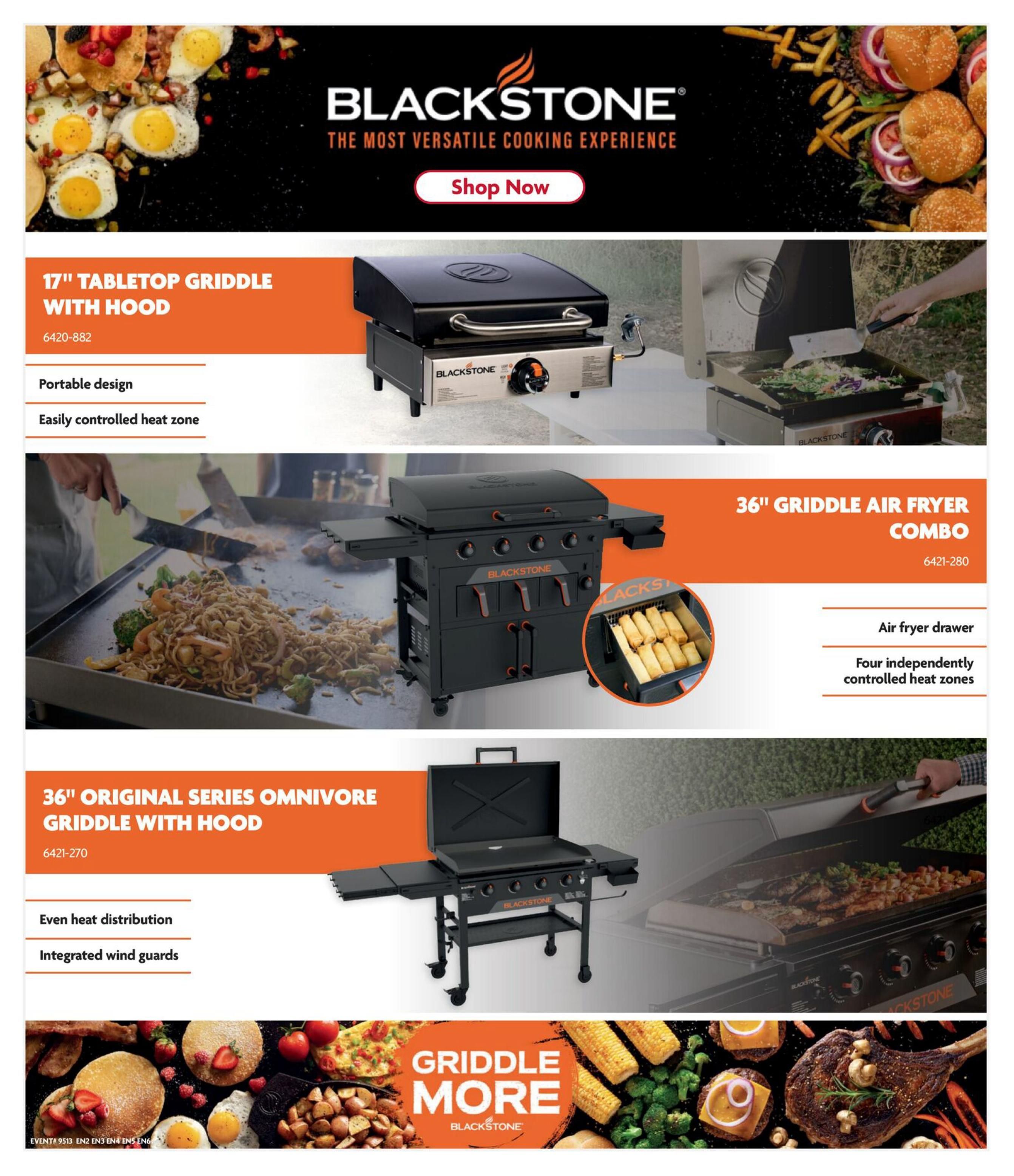 Home Hardware Atlantic flyer page 4 features Blackstone Griddles. Showcases the 17' Tabletop Griddle with Hood (model 6420-882) with portable design and easily controlled heat zone. Also featured is the 36' Griddle Air Fryer Combo (model 6421-280) with an air fryer drawer and four independently controlled heat zones. The 36' Original Series Omnivore Griddle with Hood (model 6421-270) is displayed with even heat distribution and integrated wind guards. The page includes a 'Shop Now' button and a 'Griddle More' graphic with various food items like eggs, pancakes, burgers, steak, corn, and broccoli.