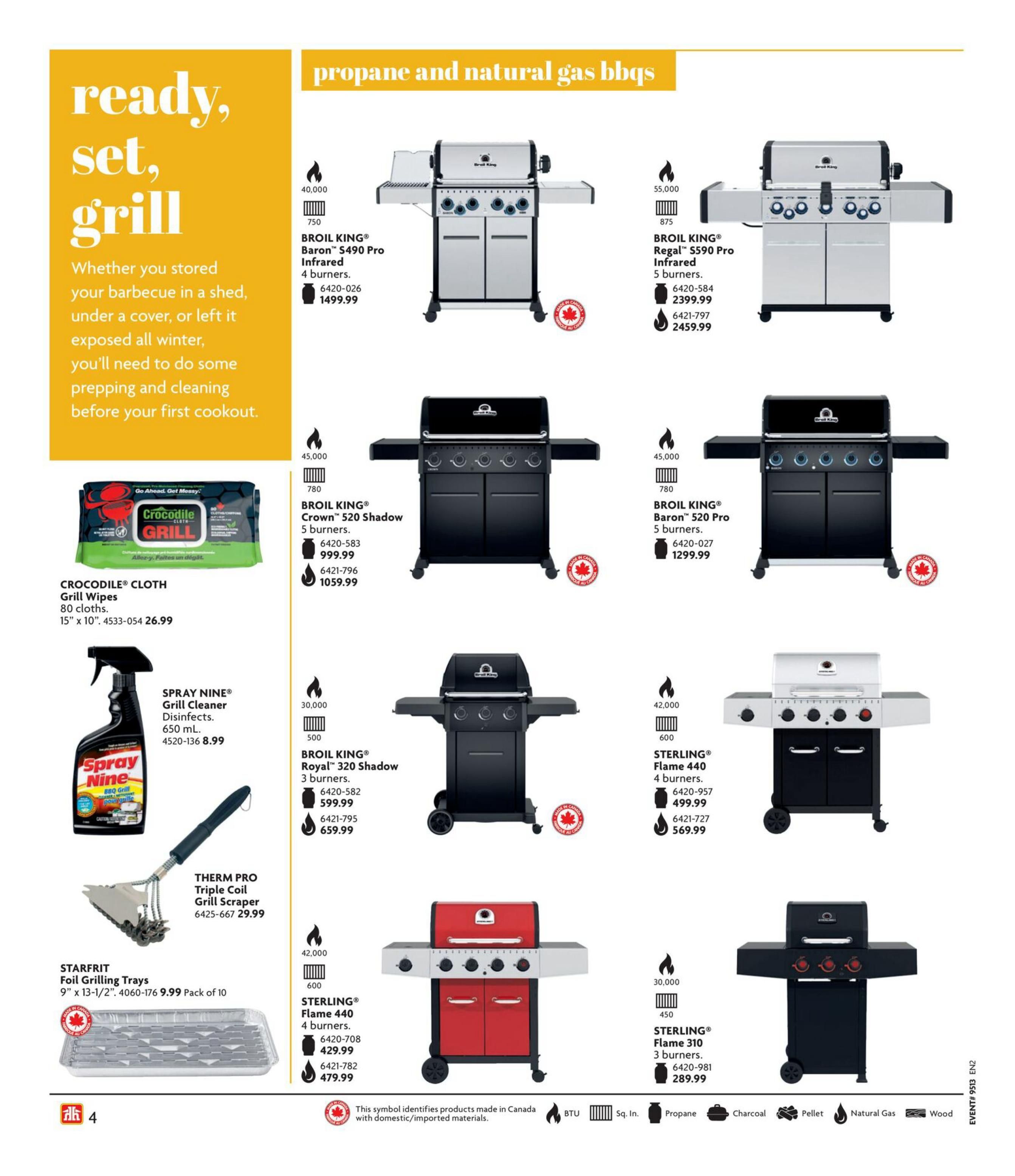 Home Hardware flyer page 5 features propane and natural gas BBQs. Top row includes BROIL KING Baron S490 Pro Infrared 4 burners for $1499.99 and BROIL KING Regal S590 Pro Infrared 5 burners for $2399.99 or $2459.99. Middle row showcases BROIL KING Crown 520 Shadow 5 burners for $999.99 or $1059.99, BROIL KING Baron 520 Pro 5 burners for $1299.99, and STERLING Flame 440 4 burners for $499.99 or $569.99. Bottom row features BROIL KING Royal 320 Shadow 3 burners for $599.99 or $659.99, STERLING Flame 440 4 burners for $429.99 or $479.99, and STERLING Flame 310 3 burners for $289.99. Also on this page are CROCODILE CLOTH Grill Wipes (80 cloths, 15' x 10') for $26.99, SPRAY NINE Grill Cleaner Disinfects (650 mL) for $8.99, THERM PRO Triple Coil Grill Scraper for $29.99, and STARFRIT Foil Grilling Trays (9' x 13-1/2', pack of 10) for $9.99. A symbol indicates products made in Canada.