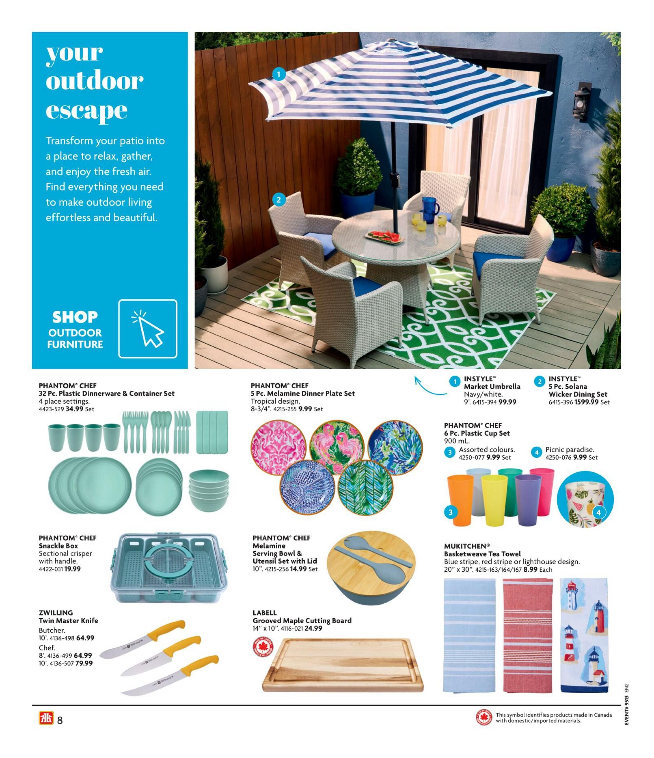 Home Hardware Atlantic flyer, page 9, featuring outdoor living items. Includes a description of transforming your patio into a relaxing space. Products shown: INSTYLE Market Umbrella in Navy/White for $99.99, INSTYLE 5 Pc. Solana Wicker Dining Set for $1599.99. PHANTOM CHEF 32 Pc. Plastic Dinnerware & Container Set for $34.99, PHANTOM CHEF 5 Pc. Melamine Dinner Plate Set in Tropical design for $9.99, PHANTOM CHEF 6 Pc. Plastic Cup Set in assorted colours for $9.99, and Picnic paradise 4 Pc. set for $9.99. Also featured is the PHANTOM CHEF Snackle Box Sectional crisper with handle for $19.99, PHANTOM CHEF Melamine Serving Bowl & Utensil Set with Lid for $14.99, ZWILLING Twin Master Knives including a Butcher knife for $64.99 and two other knives for $79.99. LABELL Grooved Maple Cutting Board 14' x 10' for $24.99. MUKITCHEN Basketweave Tea Towels in blue stripe, red stripe, or lighthouse design for $8.99 each. A symbol indicates products made in Canada with domestic/imported materials.