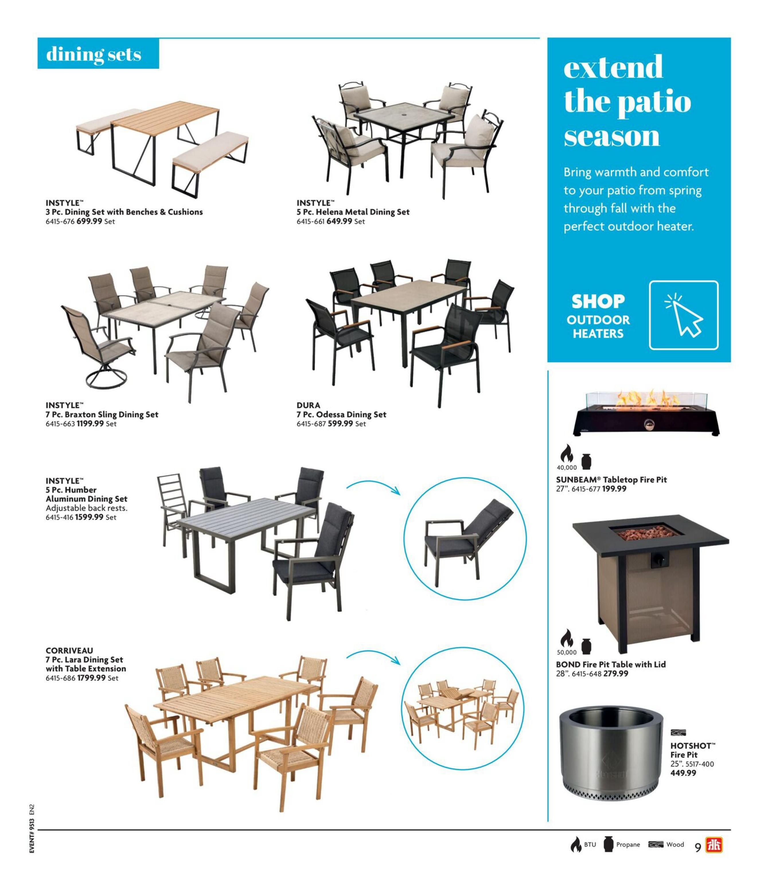 Home Hardware Atlantic flyer page 10 features dining sets and outdoor heaters. Dining sets include the INSTYLE 3 Pc. Dining Set with Benches & Cushions for $699.99, INSTYLE 5 Pc. Helena Metal Dining Set for $649.99, INSTYLE 7 Pc. Braxton Sling Dining Set for $1199.99, DURA 7 Pc. Odessa Dining Set for $599.99, INSTYLE 5 Pc. Humber Aluminum Dining Set with adjustable back rests for $1599.99, and CORRIVEAU 7 Pc. Lara Dining Set with Table Extension for $1799.99. The page also highlights outdoor heaters to extend the patio season, featuring the SUNBEAM Tabletop Fire Pit for $199.99 and the BOND Fire Pit Table with Lid for $279.99. Additionally, the HOTSHOT Fire Pit is available for $449.99.