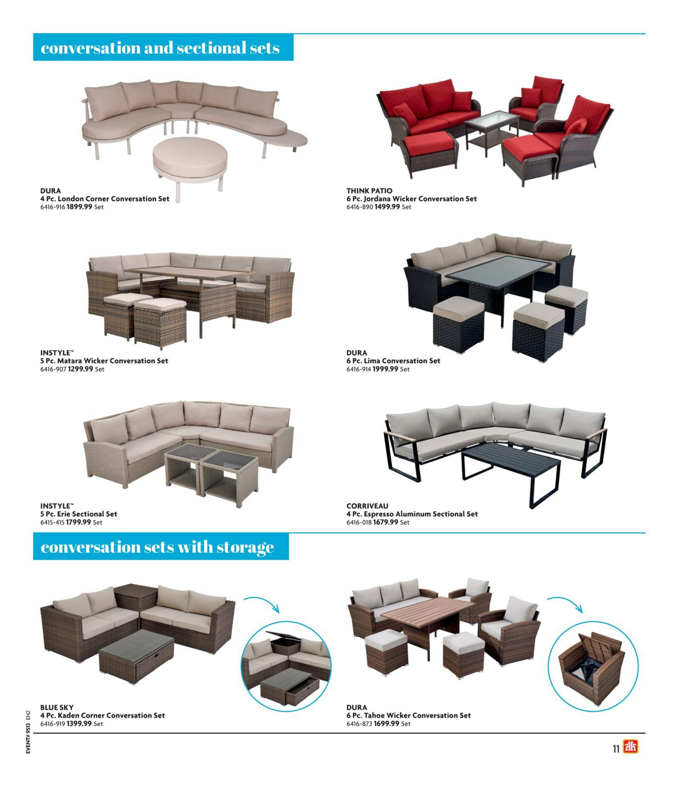 Home Hardware flyer page featuring conversation and sectional sets. Includes Dura 4 Pc. London Corner Conversation Set for $1899.99, Think Patio 6 Pc. Jordana Wicker Conversation Set for $1499.99, Instyle 5 Pc. Matara Wicker Conversation Set for $1299.99, Dura 6 Pc. Lima Conversation Set for $1999.99, Instyle 5 Pc. Erie Sectional Set for $1799.99, and Corriveau 4 Pc. Espresso Aluminum Sectional Set for $1679.99. Also features conversation sets with storage, including Blue Sky 4 Pc. Kaden Corner Conversation Set for $1399.99 and Dura 6 Pc. Tahoe Wicker Conversation Set for $1699.99, with an inset showing storage features.