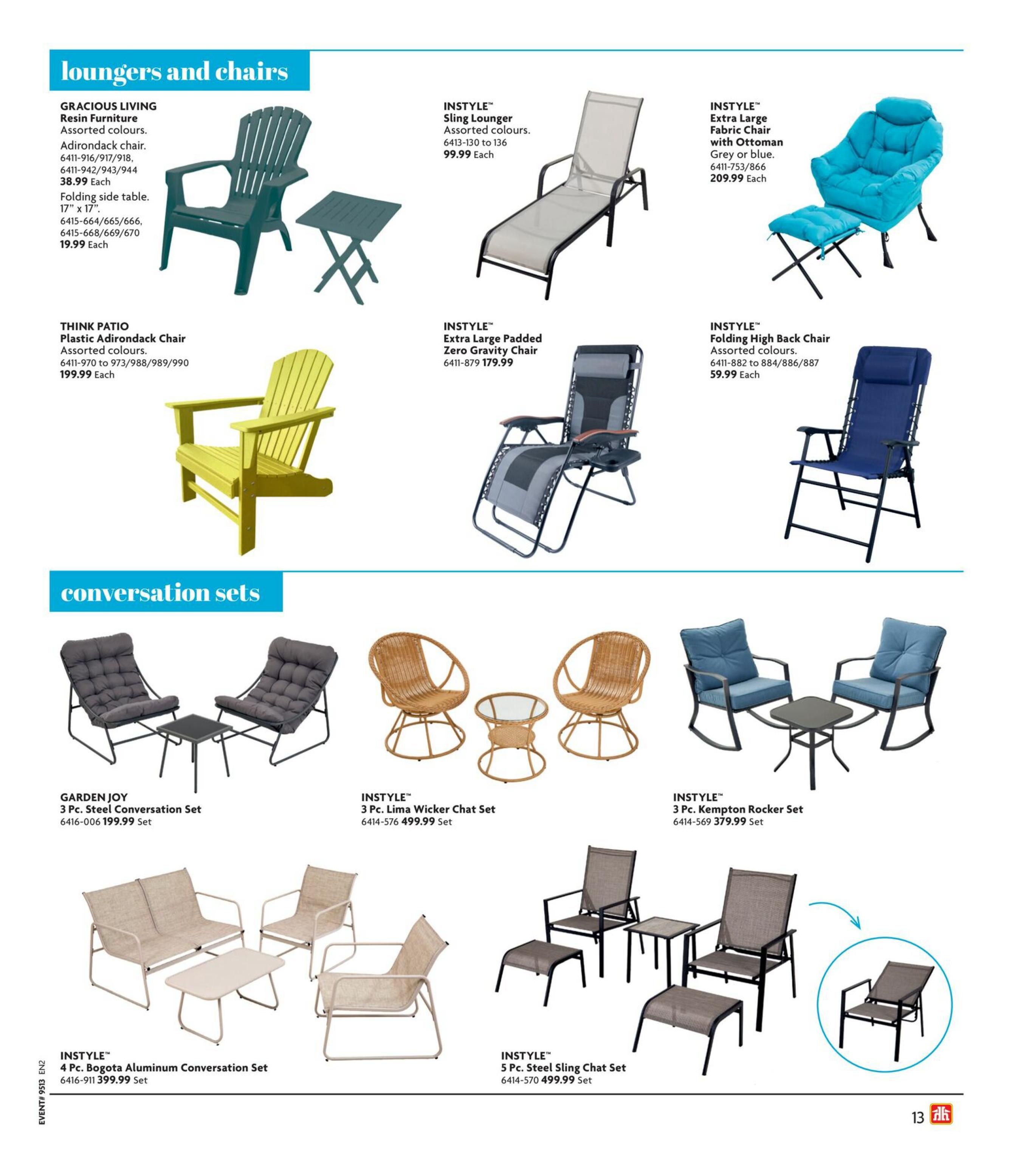 Home Hardware flyer page featuring loungers and chairs, and conversation sets. Products include the Gracious Living Resin Furniture Adirondack chair for $38.99 and a folding side table for $19.99. Think Patio Plastic Adirondack Chair is $199.99. InStyle loungers include the Sling Lounger for $99.99, Extra Large Padded Zero Gravity Chair for $179.99, Extra Large Fabric Chair with Ottoman in grey or blue for $209.99, and Folding High Back Chair for $59.99. Conversation sets include the Garden Joy 3 Pc. Steel Conversation Set for $199.99, InStyle 3 Pc. Lima Wicker Chat Set for $499.99, InStyle 3 Pc. Kempton Rocker Set for $379.99, InStyle 4 Pc. Bogota Aluminum Conversation Set for $399.99, and InStyle 5 Pc. Steel Sling Chat Set for $499.99.