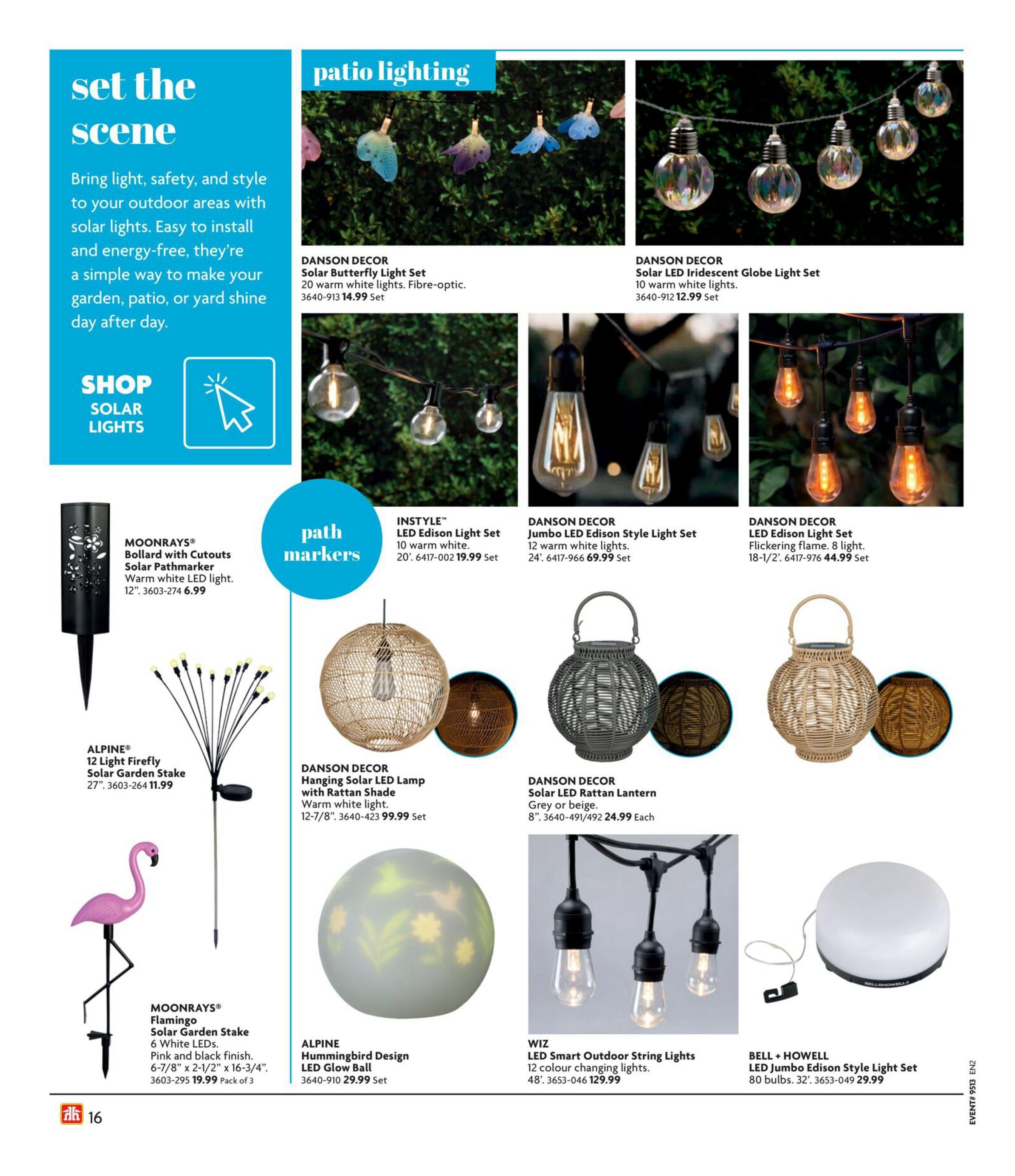 Home Hardware flyer page featuring patio lighting and solar lights. Products include Danson Decor Solar Butterfly Light Set for $14.99, Danson Decor Solar LED Iridescent Globe Light Set for $12.99, and Danson Decor Solar LED Edison Style Light Set for $69.99. Also available are Instyle LED Edison Light Set for $19.99, Danson Decor LED Edison Light Set with flickering flame for $44.99. Path marker lights include Moonrays Bollard with Cutouts Solar Pathmarker for $6.99, and Alpine 12 Light Firefly Solar Garden Stake for $11.99. Decorative lighting includes Moonrays Flamingo Solar Garden Stake for $19.99 (Pack of 3), Danson Decor Hanging Solar LED Lamp with Rattan Shade for $99.99, Alpine Hummingbird Design LED Glow Ball for $29.99, Danson Decor Solar LED Rattan Lantern in grey or beige for $24.99 each, Wiz LED Smart Outdoor String Lights with 12 colour changing lights for $129.99, and Bell + Howell LED Jumbo Edison Style Light Set with 80 bulbs for $29.99.