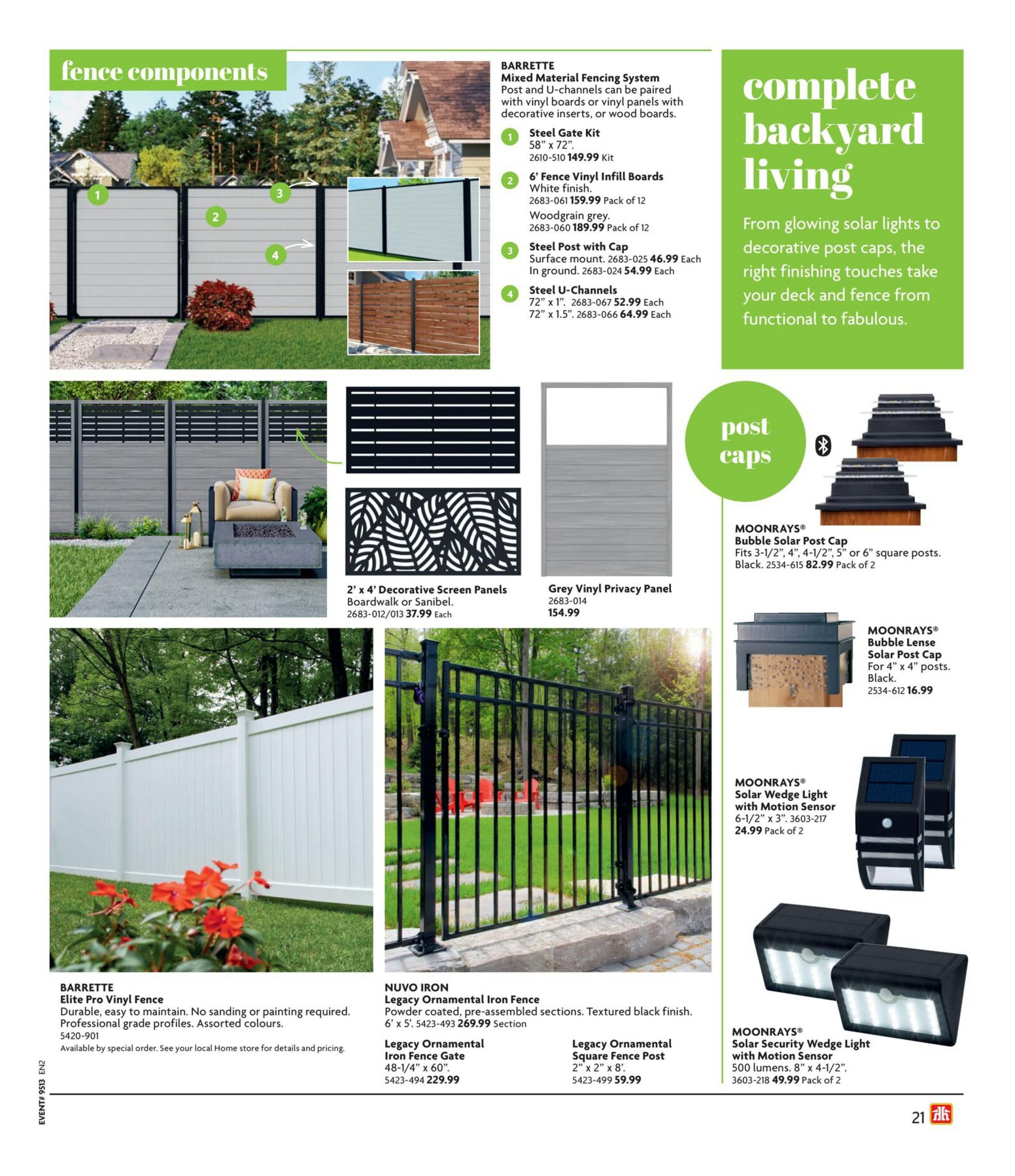 Home Hardware flyer page 22 features fence components and backyard living accessories. The page showcases the BARRETTE Mixed Material Fencing System with a Steel Gate Kit for $149.99, 6' Fence Vinyl Infill Boards in white finish for $159.99 per pack of 12, Woodgrain grey infill boards for $189.99 per pack of 12, Steel Posts with Cap for $46.99 each, and Steel U-Channels in 72' x 1' for $52.99 each and 72' x 1.5' for $64.99 each. Also available are 2' x 4' Decorative Screen Panels in Boardwalk or Sanibel for $37.99 each and a Grey Vinyl Privacy Panel for $154.99. The BARRETTE Elite Pro Vinyl Fence is durable and easy to maintain. NUVO IRON Ornamental Iron Fence sections are available for $269.99, Legacy Ornamental Iron Fence Gates (48-1/4' x 60') for $229.99, and Legacy Ornamental Square Fence Posts (2' x 2' x 8') for $59.99. The page also highlights MOONRAYS solar lighting, including Bubble Solar Post Caps for $82.99 per pack of 2, Bubble Lense Solar Post Caps for $16.99, Solar Wedge Lights with Motion Sensor (6-1/2' x 3') for $24.99 pack of 2, and Solar Security Wedge Lights with Motion Sensor (8' x 4-1/2') for $49.99 pack of 2.