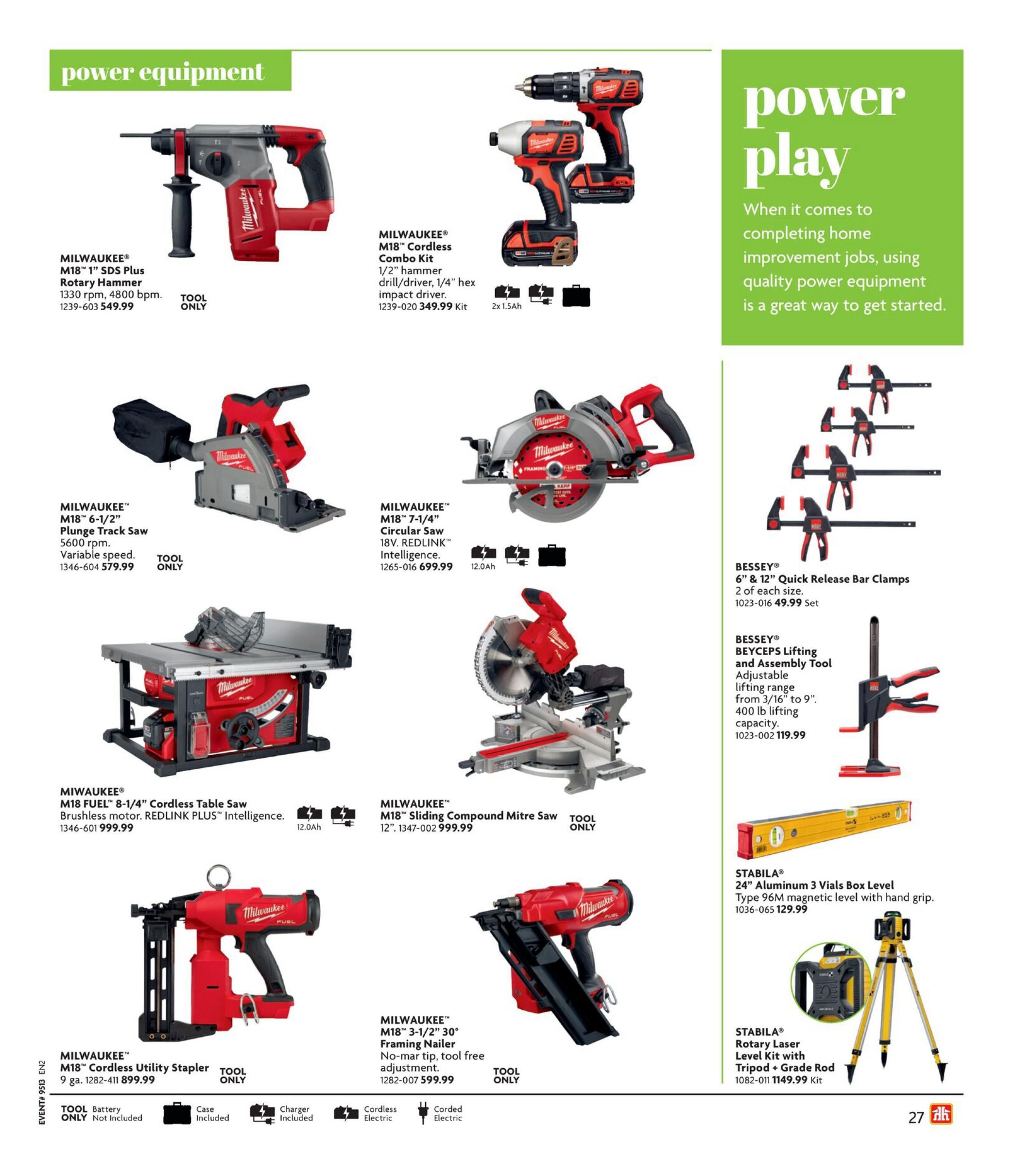 Home Hardware Atlantic flyer page 29 features power equipment. Milwaukee M18' 1' SDS Plus Rotary Hammer 1330 rpm, 4800 bpm for $549.99. Milwaukee M18' Cordless Combo Kit with 1/2' hammer drill/driver and 1/4' hex impact driver, 2x 1.5Ah batteries, and case for $349.99. Milwaukee M18' 6-1/2' Plunge Track Saw with variable speed for $579.99. Milwaukee M18' 7-1/4' Circular Saw 18V REDLINK Intelligence for $699.99. Milwaukee M18 FUEL' 8-1/4' Cordless Table Saw with brushless motor and REDLINK PLUS Intelligence for $999.99. Milwaukee M18' Sliding Compound Mitre Saw 12' for $999.99. Milwaukee M18' Cordless Utility Stapler 9 ga. for $899.99. Milwaukee M18' 3-1/2' 30° Framing Nailer with no-mar tip and tool-free adjustment for $599.99. Bessey 6' & 12' Quick Release Bar Clamps, 2 of each size, for $49.99 set. Bessey Beyceps Lifting and Assembly Tool with adjustable lifting range from 3/16' to 9' and 400 lb lifting capacity for $119.99. Stabila 24' Aluminum 3 Vials Box Level with Type 96M magnetic level and hand grip for $129.99. Stabila Rotary Laser Level Kit with Tripod + Grade Rod for $1149.99.