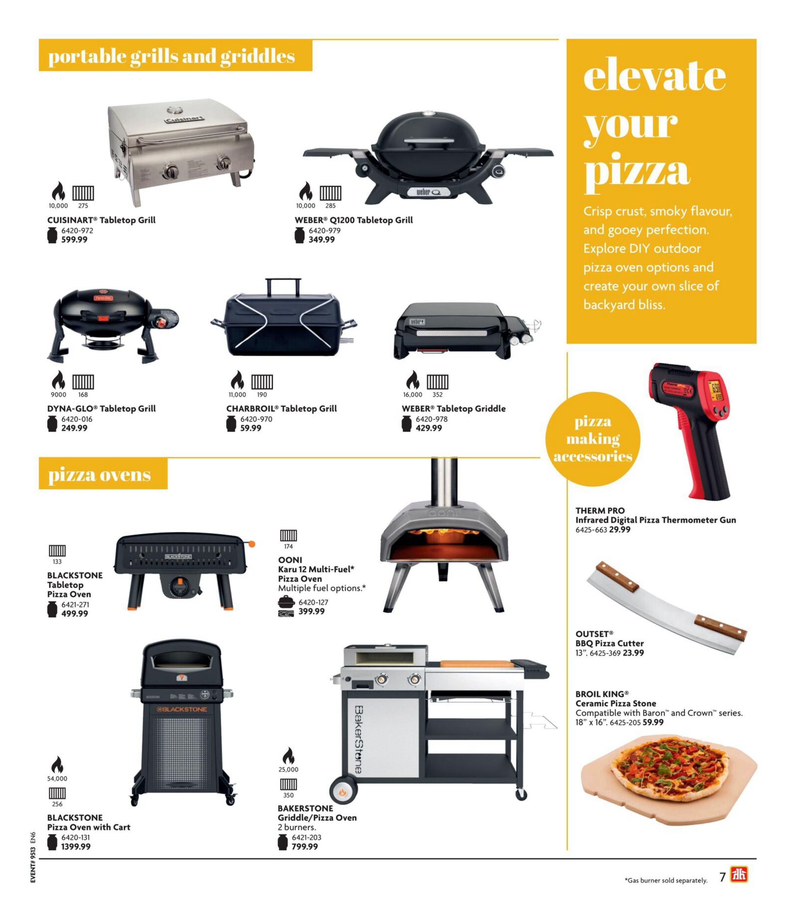 Home Hardware flyer page 8 features portable grills and griddles, and pizza ovens. Featured grills include the Cuisinart Tabletop Grill for $599.99, the Weber Q1200 Tabletop Grill for $349.99, the Dyna-Glo Tabletop Grill for $249.99, the Charbroil Tabletop Grill for $59.99, and the Weber Tabletop Griddle for $429.99. Pizza ovens shown are the Blackstone Tabletop Pizza Oven for $499.99, the Ooni Karu 12 Multi-Fuel Pizza Oven for $399.99, and the Bakerstone Griddle/Pizza Oven with 2 burners for $799.99. The Blackstone Pizza Oven with Cart is also available for $1399.99. The page also highlights pizza making accessories, including the Therm Pro Infrared Digital Pizza Thermometer Gun for $29.99, the Outset BBQ Pizza Cutter for $23.99, and the Broil King Ceramic Pizza Stone for $59.99. A note indicates that gas burners are sold separately.