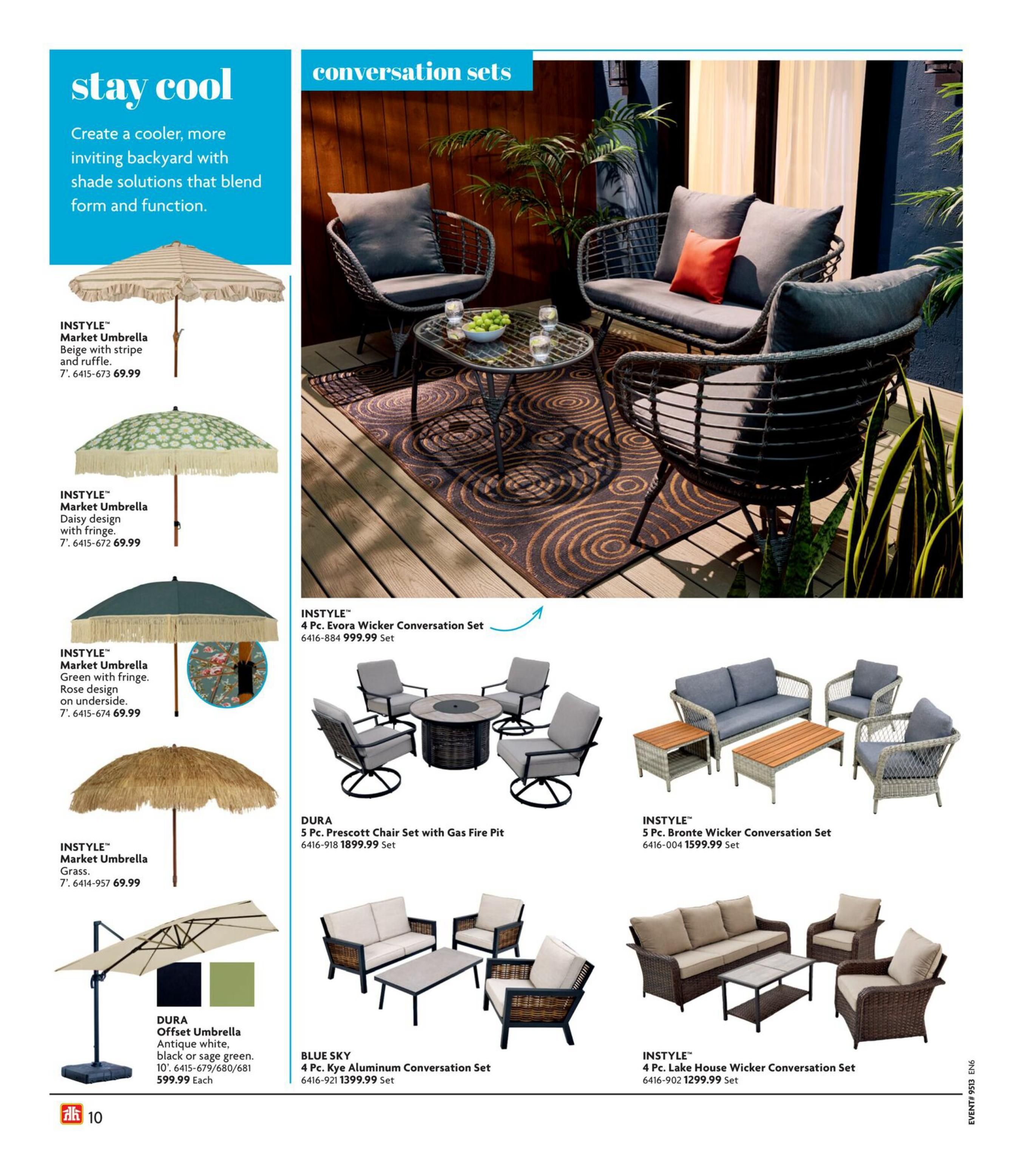 Home Hardware flyer page 11, featuring 'Stay Cool' shade solutions and 'Conversation Sets'. Products include: INSTYLE Market Umbrella in Beige with stripe and ruffle for $69.99, INSTYLE Market Umbrella in Daisy design with fringe for $69.99, INSTYLE Market Umbrella in Green with fringe and rose design on underside for $69.99, and DURA Offset Umbrella in Antique white, black or sage green, 10' for $599.99 each. Conversation sets include: INSTYLE 4 Pc. Evora Wicker Conversation Set for $999.99, DURA 5 Pc. Prescott Chair Set with Gas Fire Pit for $1899.99, BLUE SKY 4 Pc. Kye Aluminum Conversation Set for $1399.99, INSTYLE 5 Pc. Bronte Wicker Conversation Set for $1599.99, and INSTYLE 4 Pc. Lake House Wicker Conversation Set for $1299.99.