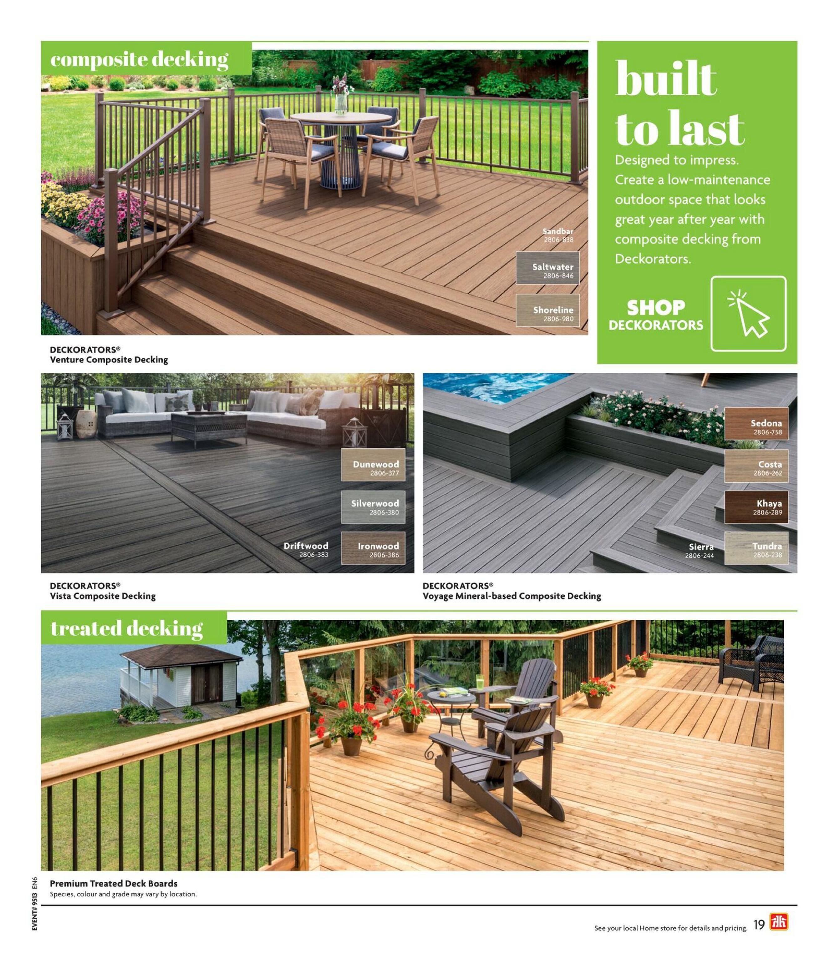 Home Hardware flyer page featuring composite and treated decking options. The top section showcases Deckorators Composite Decking with colours Sandbar, Saltwater, and Shoreline. Below, Deckorators Venture Composite Decking is shown in Dunewood, Silverwood, and Driftwood, alongside Deckorators Voyage Mineral-based Composite Decking in Sedona, Costa, Khaya, Sierra, and Tundra. The page also highlights Premium Treated Deck Boards. Text emphasizes low-maintenance outdoor spaces and invites shoppers to 'Shop Deckorators'.