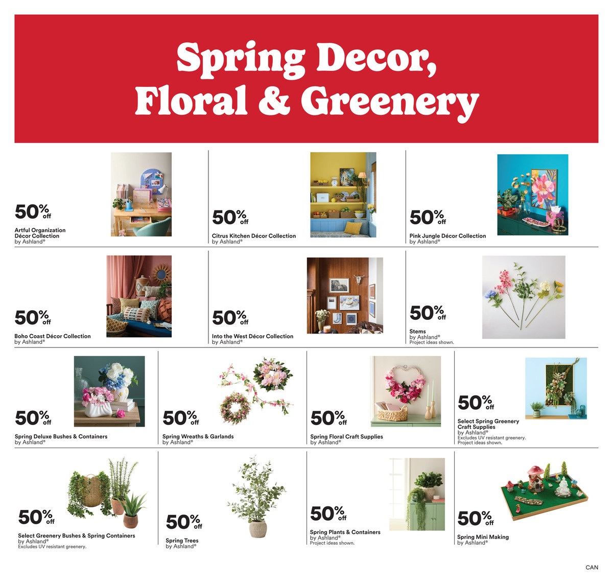 Michaels weekly flyer specials page 3 features Spring Decor, Floral & Greenery with 50% off on all displayed items by Ashland. Featured collections include Artful Organization Décor, Citrus Kitchen Décor, Pink Jungle Décor, Boho Coast Décor, and Into the West Décor. Also available are Stems, Spring Deluxe Bushes & Containers, Spring Wreaths & Garlands, Spring Floral Craft Supplies, Select Spring Greenery Bushes & Spring Containers (excluding UV resistant greenery), Spring Trees, Spring Plants & Containers, and Spring Mini Making kits. Project ideas are shown for some items.
