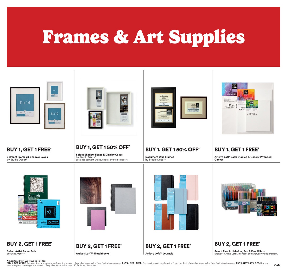 Michaels weekly flyer specials page 4, featuring Frames & Art Supplies. Offers include Buy 1, Get 1 Free on Belmont Frames & Shadow Boxes by Studio Décor, and Artist's Loft Back-Stapled & Gallery Wrapped Canvas. Also, Buy 1, Get 1 50% Off on Select Shadow Boxes & Display Cases by Studio Décor, and Document Wall Frames by Studio Décor. In the second row, promotions are Buy 2, Get 1 Free on Select Artist Paper Pads (Excludes Arches), Artist's Loft Sketchbooks, Artist's Loft Journals, and Select Fine Art Marker, Pen & Pencil Sets (Excludes Artist's Loft Mini Packs & Everyday Value program). Important stuff to have to tell you: BUY 1, GET 1 FREE: Buy one item at regular price & get the second of equal or lesser value free. Excludes clearance. BUY 2, GET 1 FREE: Buy two items at regular price & get the third of equal or lesser value free. Excludes clearance. BUY 1, GET 1 50% OFF: Buy one item at regular price & get the second of equal or lesser value 50% off. Excludes clearance.