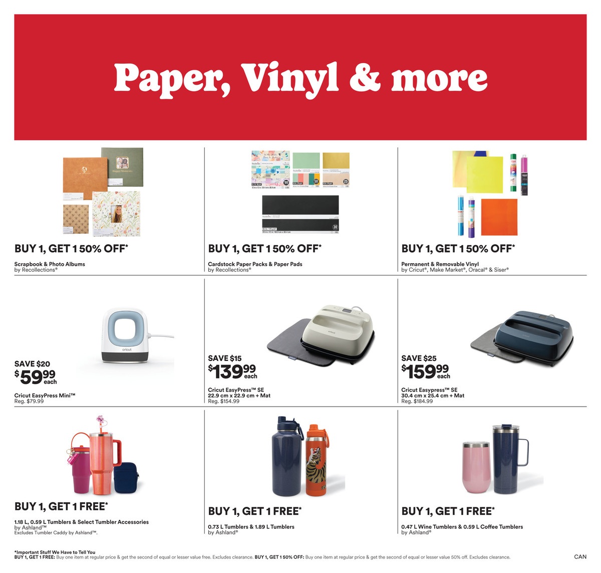 Michaels weekly flyer specials page 5, featuring 'Paper, Vinyl & more'. Offers include Buy 1, Get 1 50% off on Scrapbook & Photo Albums by Recollections, Cardstock Paper Packs & Paper Pads by Recollections, and Permanent & Removable Vinyl by Cricut, Make Market, Oracal & Siser. Also featured are Cricut EasyPress Mini™ on sale for $59.99 (save $20), Cricut EasyPress™ SE 22.9 cm x 22.9 cm + Mat for $139.99 (save $15), and Cricut EasyPress™ SE 30.4 cm x 25.4 cm + Mat for $159.99 (save $25). Additionally, there are Buy 1, Get 1 Free offers on 1.18 L, 0.59 L Tumblers & Select Tumbler Accessories by Ashland, 0.73 L Tumblers & 1.89 L Tumblers by Ashland, and 0.47 L Wine Tumblers & 0.59 L Coffee Tumblers by Ashland. Important note: Buy 1, Get 1 Free and Buy 1, Get 1 50% Off offers exclude clearance and apply to the item of equal or lesser value.