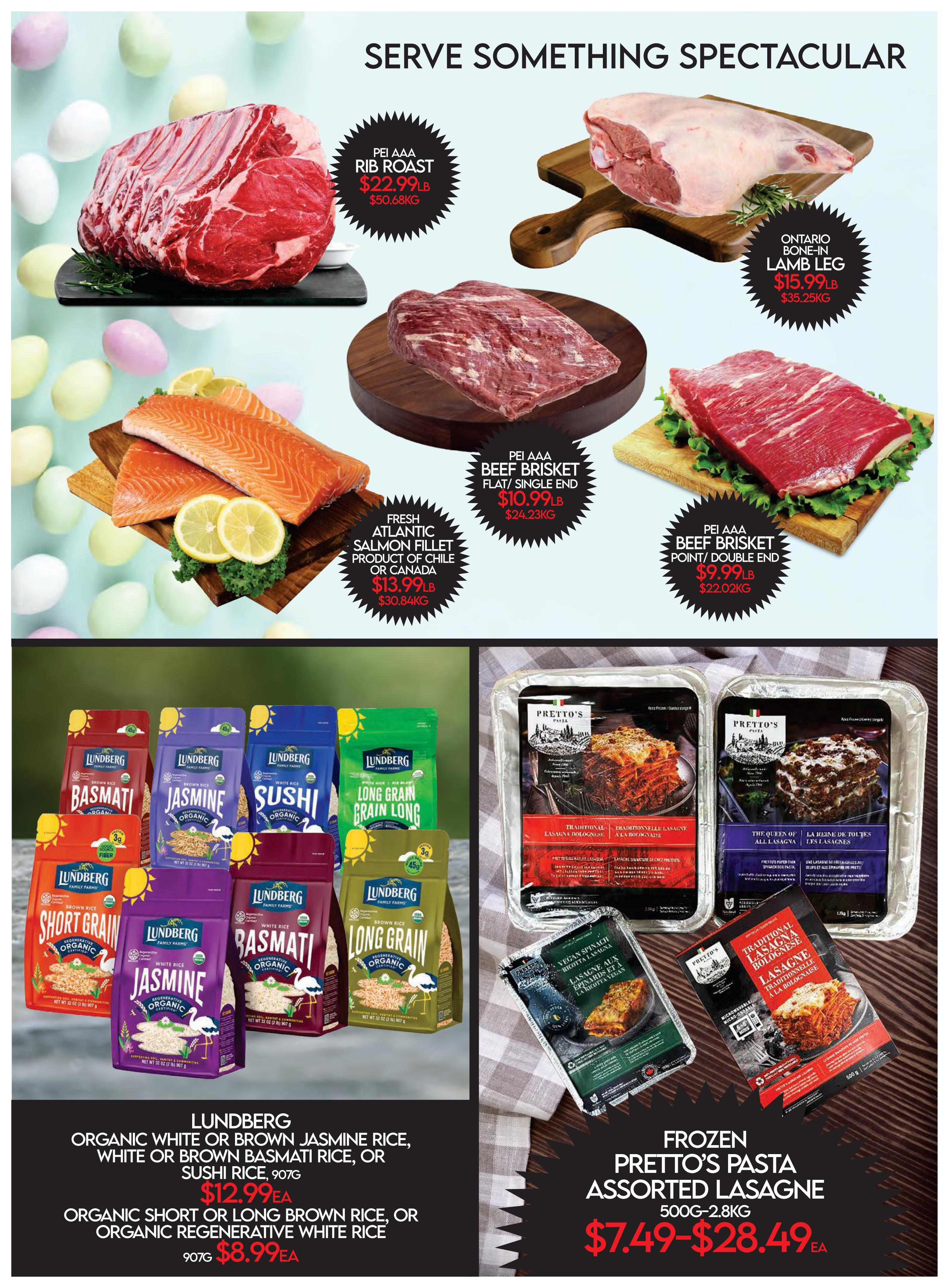 Fiesta Farms flyer specials page 2 features a selection of premium meats and pantry staples. Highlighted are PEI AAA Rib Roast for $22.99lb ($50.68kg), Ontario Bone-in Lamb Leg for $15.99lb ($35.25kg), PEI AAA Beef Brisket Flat/Single End for $10.99lb ($24.23kg), and PEI AAA Beef Brisket Point/Double End for $9.99lb ($22.02kg). Also featured is Fresh Atlantic Salmon Fillet, product of Chile or Canada, for $13.99lb ($30.84kg). In the pantry section, Lundberg Organic White or Brown Jasmine Rice, White or Brown Basmati Rice, or Sushi Rice (907g) is $12.99ea. Organic Short or Long Brown Rice, or Organic Regenerative White Rice (907g) is $8.99ea. Frozen Prettos Pasta Assorted Lasagne (500g-2.8kg) is available for $7.49-$28.49ea.