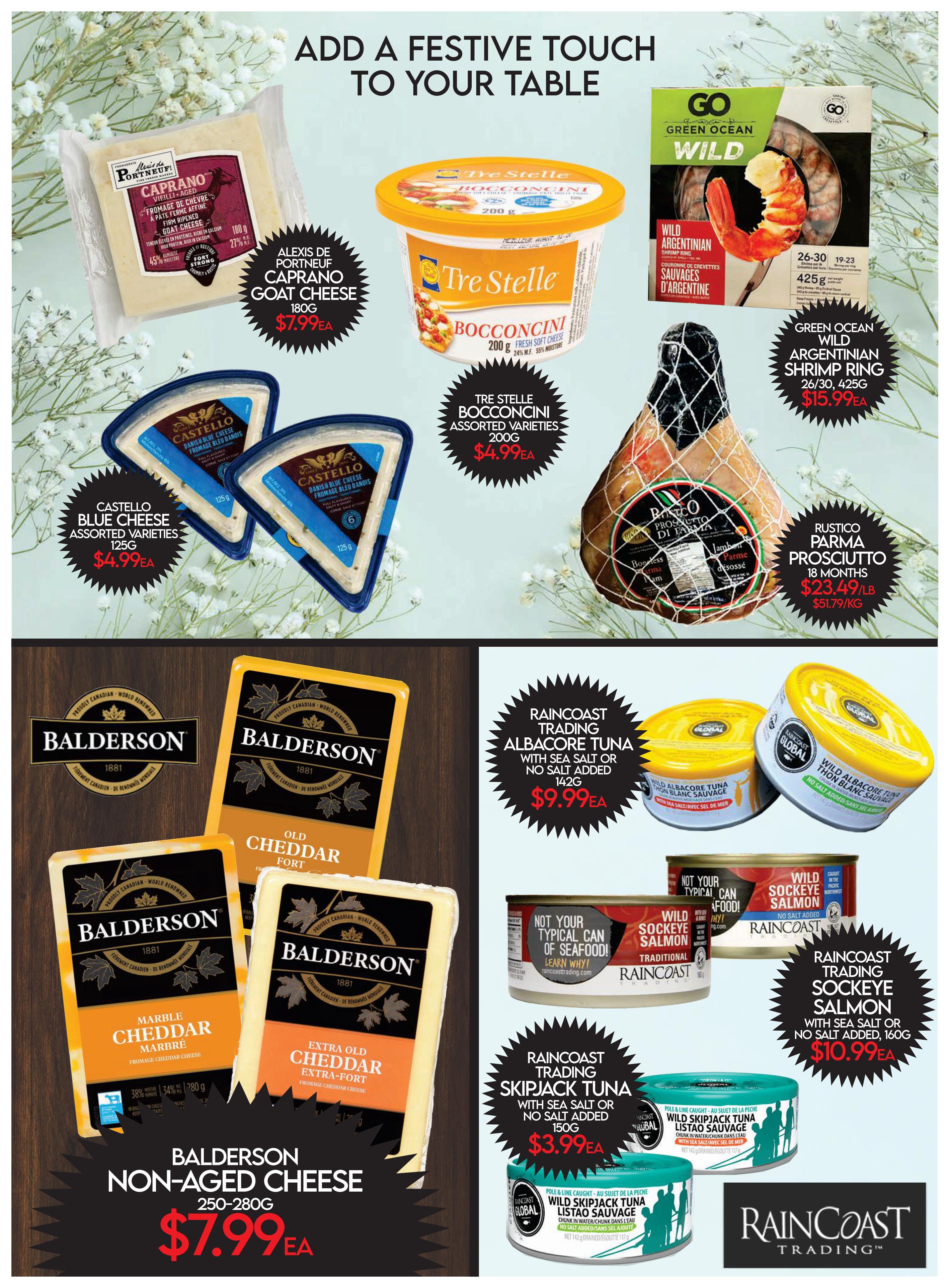 Fiesta Farms flyer specials page 3 features a selection of gourmet foods. Top row includes Alexis de Portneuf Caprano Goat Cheese 180g for $7.99EA, Tre Stelle Bocconcini Assorted Varieties 200g for $4.99EA, and Green Ocean Wild Argentinian Shrimp Ring 26/30 or 19/23, 425g for $15.99EA. Also featured is Rustico Parma Prosciutto 18 Months, priced at $23.49/lb or $51.79/kg. Middle section showcases Castello Blue Cheese Assorted Varieties 125g for $4.99EA. Bottom section highlights Balderson Non-Aged Cheese 250-280g for $7.99EA, Raincoast Trading Albacore Tuna with Sea Salt or No Salt Added 142g for $9.99EA, Raincoast Trading Sockeye Salmon with Sea Salt or No Salt Added 160g for $10.99EA, and Raincoast Trading Skipjack Tuna with Sea Salt or No Salt Added 150g for $3.99EA.
