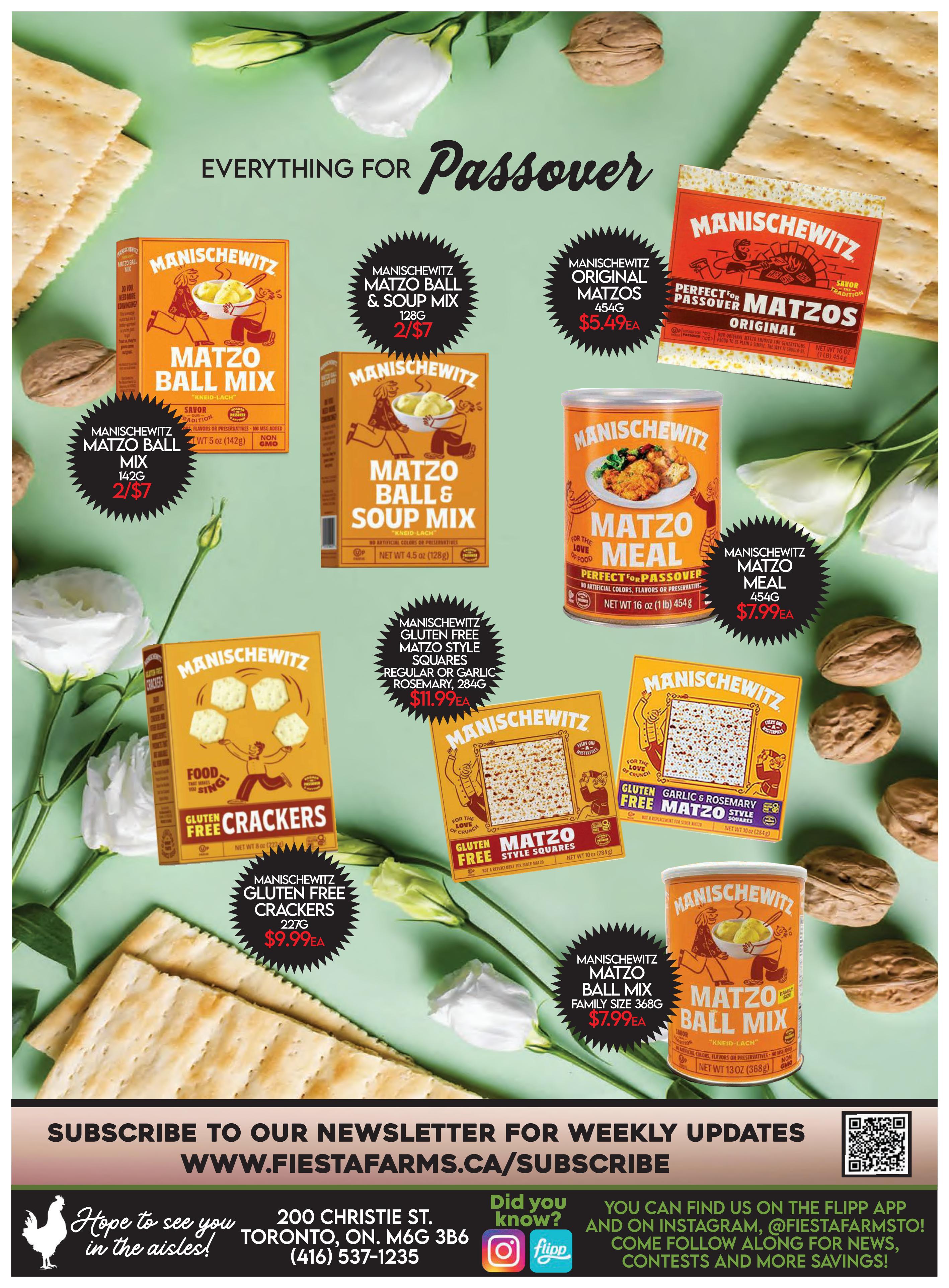 Fiesta Farms flyer specials page 6, featuring Manischewitz Passover products. Offers include Manischewitz Matzo Ball Mix 142g for 2/$7, Manischewitz Matzo Ball & Soup Mix 128g for 2/$7, Manischewitz Original Matzos 454g for $5.49 each, Manischewitz Matzo Meal 454g for $7.99 each, Manischewitz Gluten Free Matzo Style Squares Regular or Garlic Rosemary 284g for $11.99 each, Manischewitz Gluten Free Crackers 227g for $9.99 each, and Manischewitz Matzo Ball Mix Family Size 368g for $7.99 each. The page also includes a section to subscribe to their newsletter at www.fiestafarms.ca/subscribe and information about finding them on the Flipp app and Instagram @FiestaFarmsto.