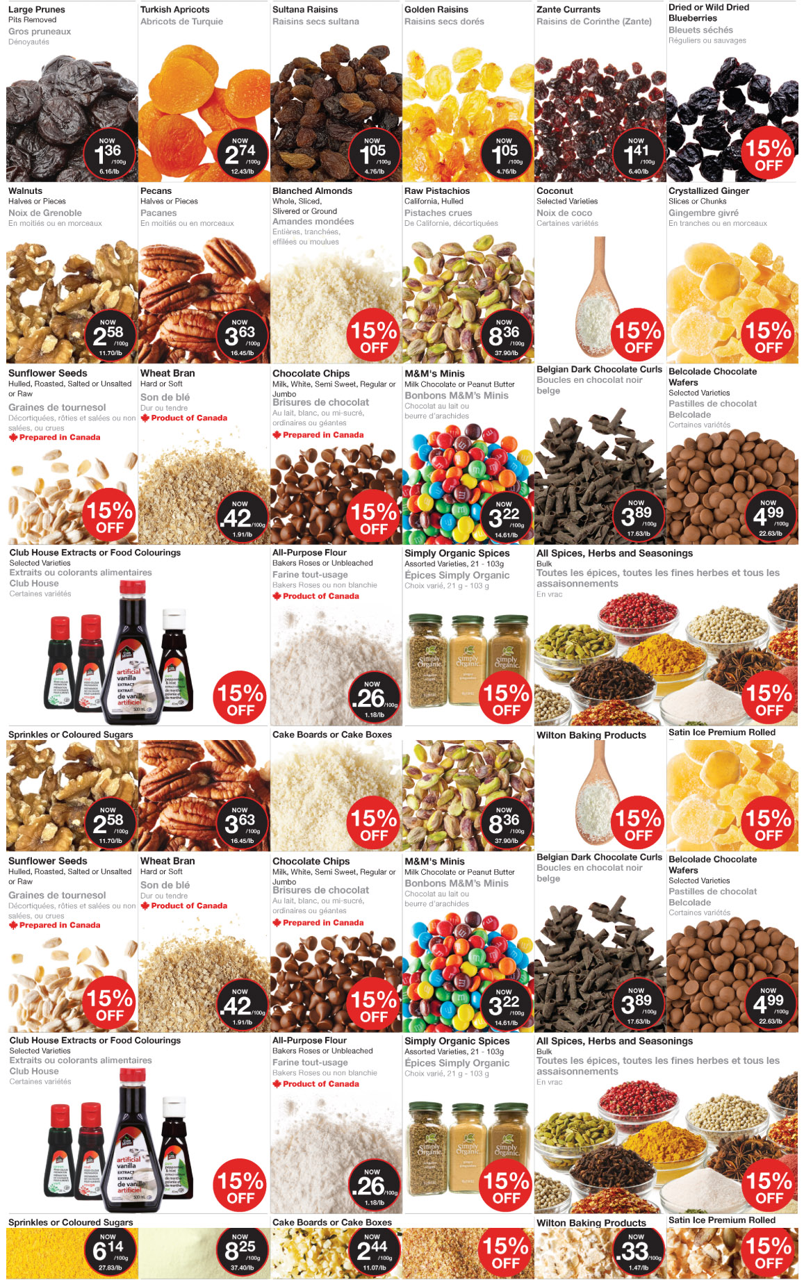 Bulk Barn flyer page 2 features a wide variety of bulk food items and baking supplies. Top row includes Large Prunes for $1.36/100g, Turkish Apricots for $2.74/100g, Sultana Raisins for $1.05/100g, Golden Raisins for $1.05/100g, Zante Currants for $1.41/100g, and Dried or Wild Dried Blueberries with 15% off. Second row showcases Walnuts for $2.58/100g, Pecans for $3.63/100g, Blanched Almonds, Raw Pistachios for $8.36/37.90lb, Coconut, and Crystallized Ginger with 15% off. The third row highlights Sunflower Seeds for $2.58/100g, Wheat Bran for $3.63/100g, Chocolate Chips, M&M's Minis for $3.22/14.61lb, Belgian Dark Chocolate Curls for $3.89/100g, and Belcolade Chocolate Wafers for $4.99/100g. Further down, find Club House Extracts or Food Colourings with 15% off, All-Purpose Flour for $0.42/1.91lb, Simply Organic Spices with 15% off, and All Spices, Herbs and Seasonings. The bottom section displays Sprinkles or Coloured Sugars, Cake Boards or Cake Boxes, Wilton Baking Products for $0.33/100g, and Satin Ice Premium Rolled with 15% off.