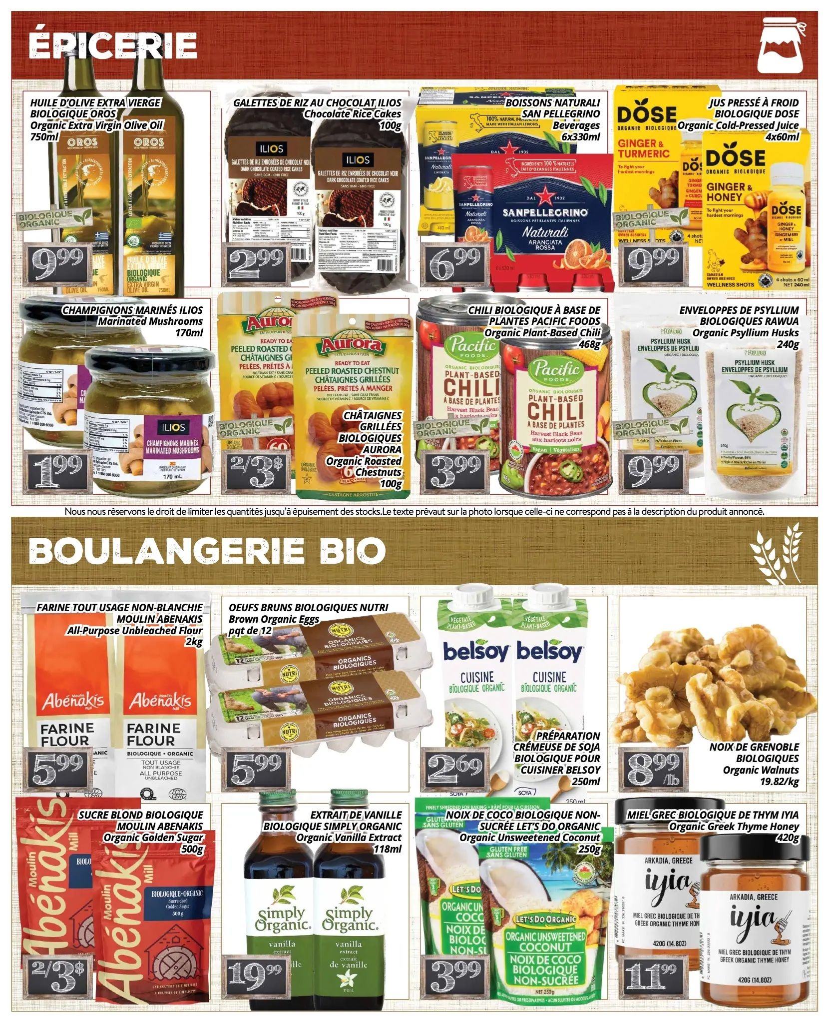 PA Nature flyer specials page 2 features a variety of organic grocery items. Top row includes Oros Organic Extra Virgin Olive Oil for $9.99, Ilios Chocolate Rice Cakes for $2.99, San Pellegrino Beverages for $6.99, and Dose Organic Cold-Pressed Juice for $9.99. Middle row showcases Ilios Marinated Mushrooms for $1.99, Aurora Organic Roasted Chestnuts for 2 for $3, Pacific Foods Organic Plant-Based Chili for $3.99, and Rawua Organic Psyllium Husks for $9.99. The bottom section, 'BOULANGERIE BIO', highlights Abena'kis All-Purpose Unbleached Flour for $5.99, Nutri Brown Organic Eggs (12 count) for $5.99, Belsoy Organic Cuisine for $2.69, Abena'kis Organic Golden Sugar for 2 for $3, Simply Organic Vanilla Extract for $19.99, Let's Do Organic Unsweetened Coconut for $3.99, Organic Walnuts for $8.99/lb, and Iyia Organic Greek Thyme Honey for $11.99.