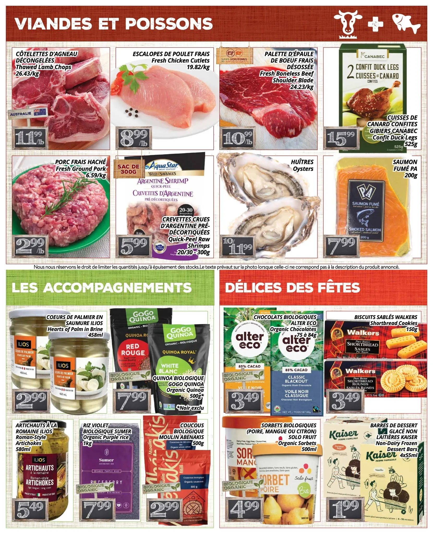 PA Nature flyer specials page 3 features a variety of meats, seafood, and accompaniments. Featured meats include Thawed Lamb Chops at $11.99/lb, Fresh Ground Pork at $2.99/lb, Fresh Chicken Cutlets at $8.99/lb, and Fresh Boneless Beef Shoulder Blade at $10.99/lb. Canabec Confit Duck Legs are available for $15.99. Seafood options include AquaStar Argentine Shrimp (Quick-Peel, Raw) for $5.99 and Oysters for $11.99. Smoked Salmon is priced at $7.99. Accompaniments include Ilios Hearts of Palm in Brine for $2.99, GoGo Quinoa Organic Quinoa (Red and White) for $7.99, Ilios Roman-Style Artichokes for $5.49, Sumer Organic Purple Rice for $7.99, and Moulin Abenakiss Organic Couscous for $2.99. Festive delights include Alter Eco Organic Chocolates (85% Cacao Dark Chocolate and Classic Blackout) for $3.49, Walkers Shortbread Cookies for $3.49, Solo Fruit Organic Sorbet (Pear flavour) for $4.99, and Kaiser Non-Dairy Frozen Dessert Bars for $1.99.