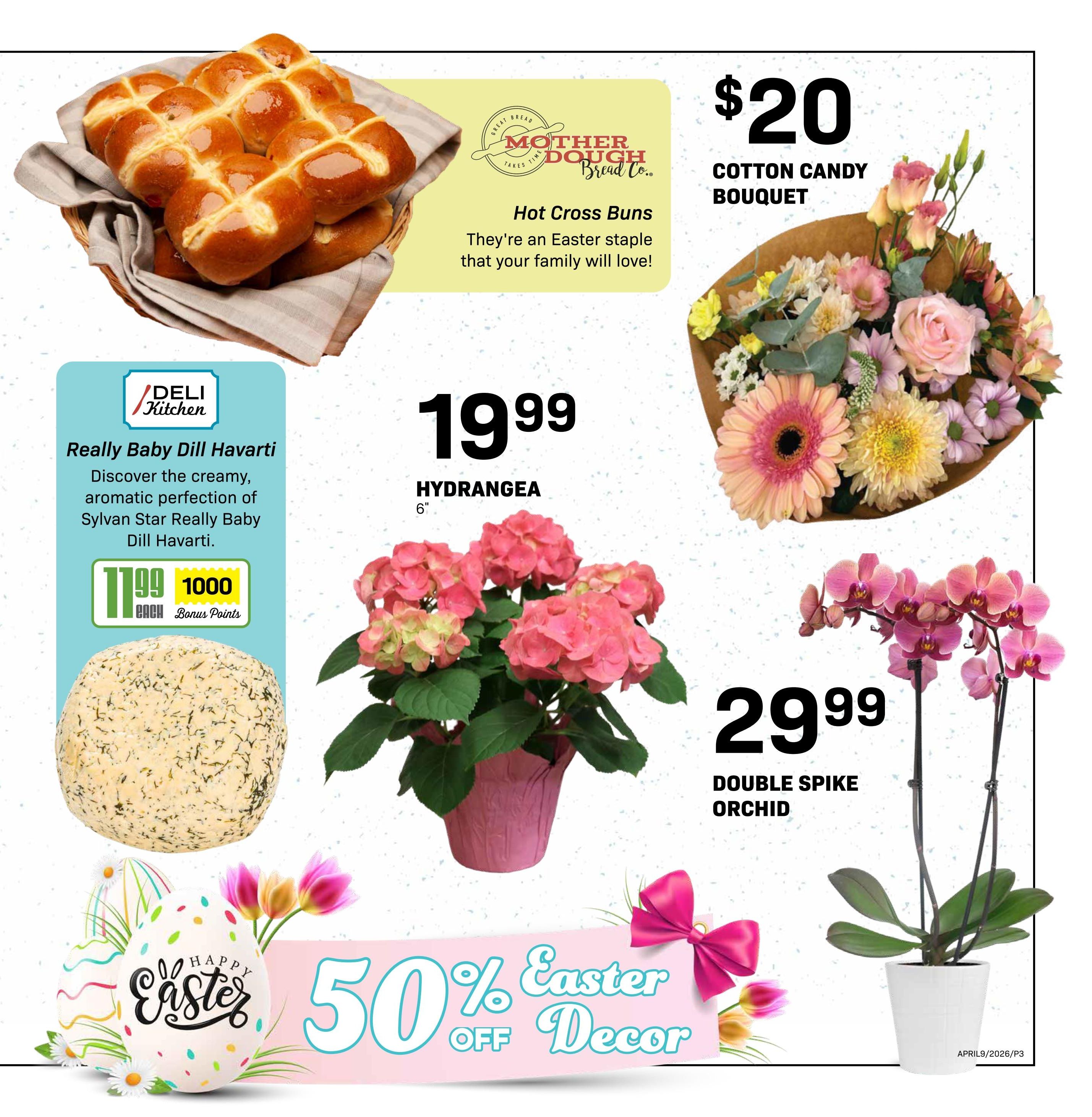 Freson Bros weekly flyer specials page 3 features Mother Dough Bread Co. Hot Cross Buns, a Cotton Candy Bouquet for $20, Deli Kitchen Really Baby Dill Havarti for $11.99 with 1000 bonus points, a 6' Hydrangea plant for $19.99, and a Double Spike Orchid for $29.99. The page also highlights 50% off Easter Decor.