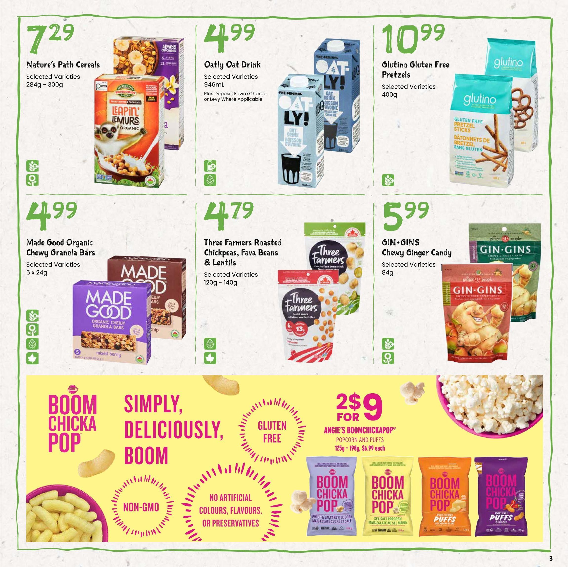 Freson Bros flyer page 3 features Nature's Path Cereals in selected varieties, 284g - 300g, for $7.29. Oatly Oat Drink, selected varieties, 946mL, is $4.99, with plus deposit, enviro charge or levy where applicable. Glutino Gluten Free Pretzels, selected varieties, 400g, are $10.99. Made Good Organic Chewy Granola Bars, selected varieties, 5 x 24g, are $4.99. Three Farmers Roasted Chickpeas, Fava Beans & Lentils, selected varieties, 120g - 140g, are $4.79. GIN•GINS Chewy Ginger Candy, selected varieties, 84g, are $5.99. Also featured is Angie's Boomchickapop Popcorn and Puffs, 125g - 198g, with a special offer of 2 for $9 (regularly $6.99 each). The Boomchickapop products are gluten-free, non-GMO, and contain no artificial colours, flavours, or preservatives.