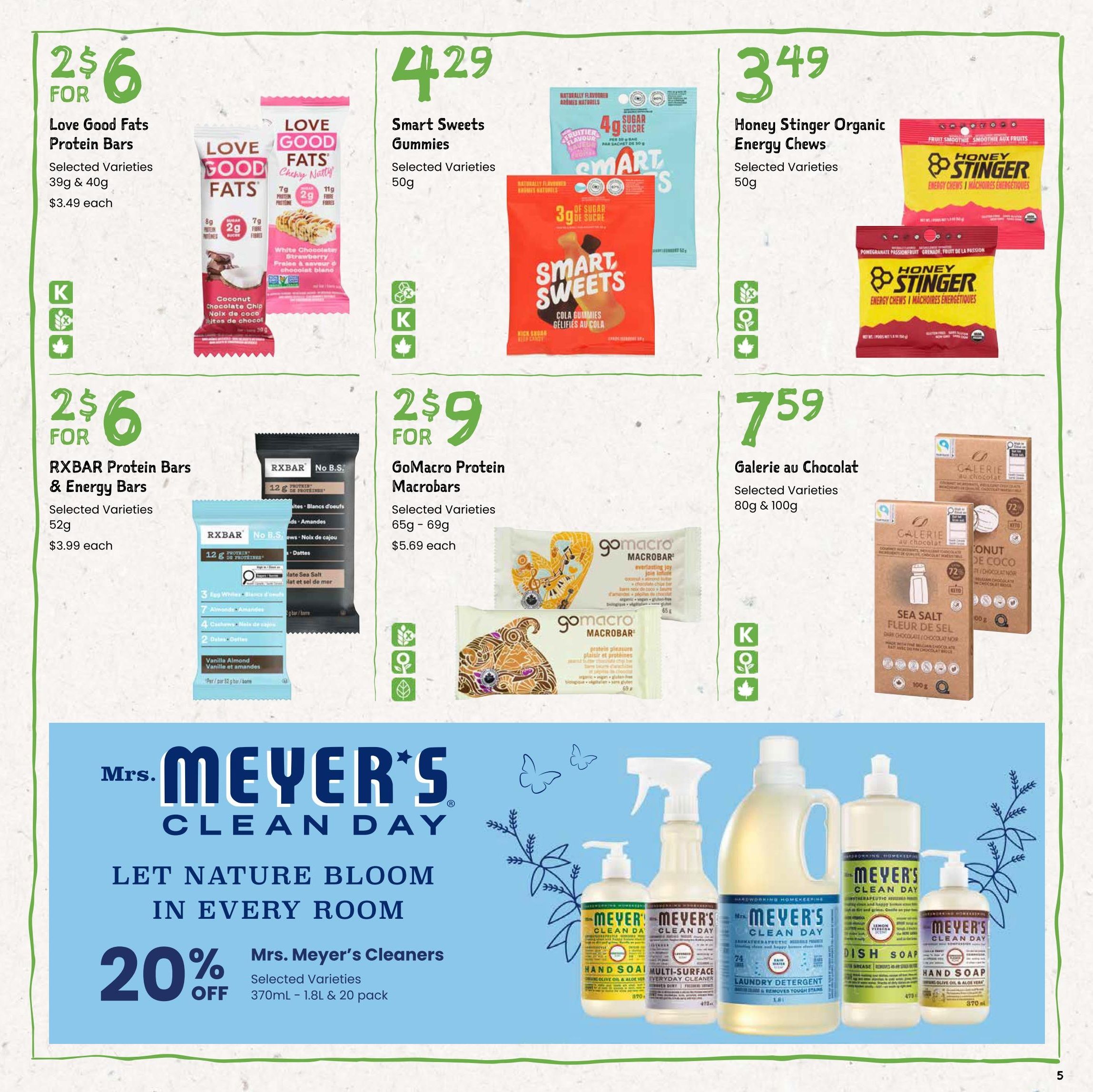 Freson Bros flyer page 5 features several snack and cleaning product deals. Top row includes Love Good Fats Protein Bars, 2 for $6, with selected varieties in 39g & 40g sizes, priced at $3.49 each. Smart Sweets Gummies, selected varieties, 50g, are $4.29. Honey Stinger Organic Energy Chews, selected varieties, 50g, are $3.49. Bottom row showcases RXBAR Protein Bars & Energy Bars, selected varieties, 52g, at 2 for $6 or $3.99 each. GoMacro Protein Macrobars, selected varieties, 65g - 69g, are 2 for $9 or $5.69 each. Galerie au Chocolat, selected varieties, 80g & 100g, are $7.59. The bottom section highlights Mrs. Meyer's Clean Day products with a 20% off sale on selected varieties in 370mL - 1.8L & 20 pack sizes, featuring Hand Soap, Multi-Surface Cleaner, Laundry Detergent, Dish Soap, and Hand Soap.