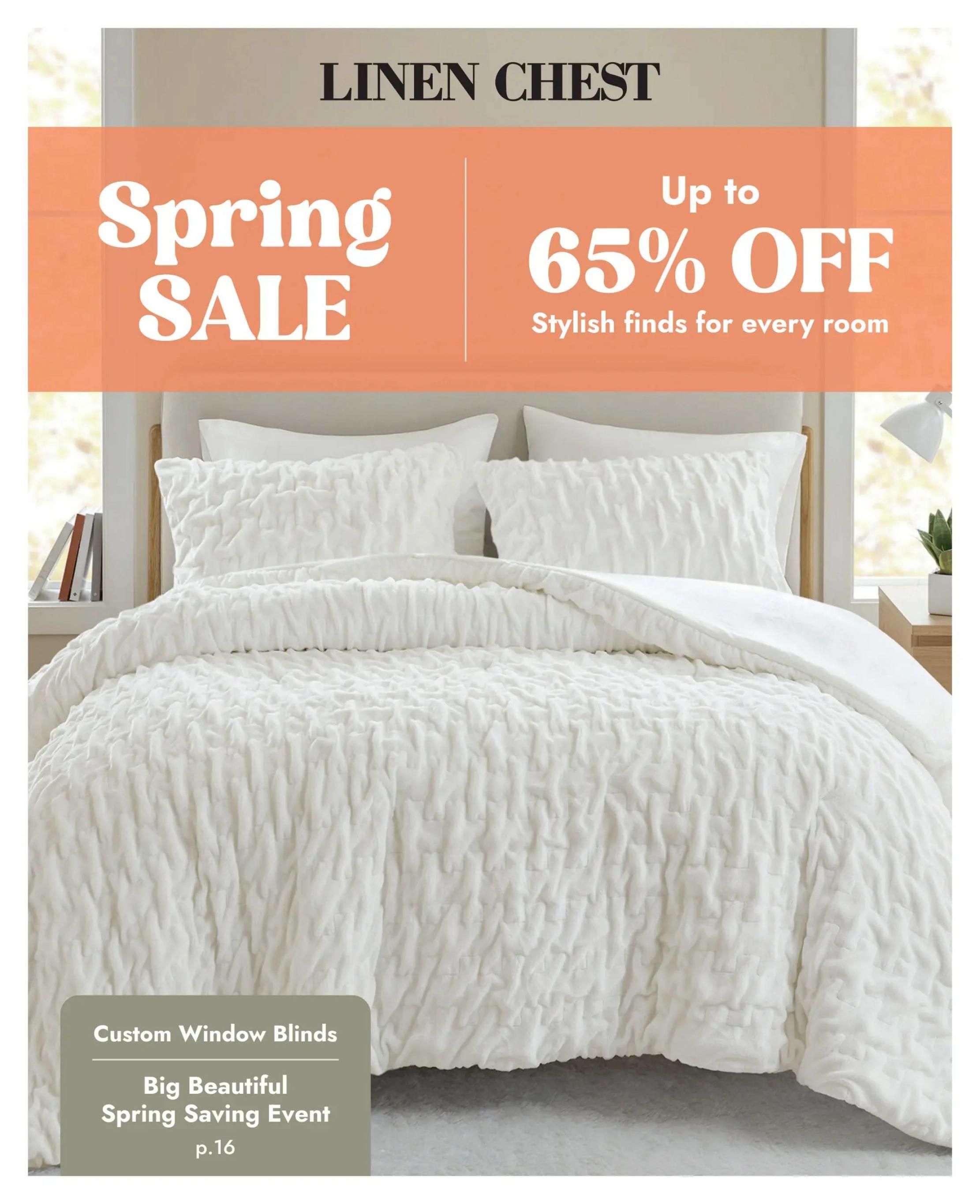 Linen Chest Spring Sale featuring up to 65% OFF stylish finds for every room. The page showcases a white textured duvet cover and pillows. A graphic overlay indicates 'Custom Window Blinds' and promotes the 'Big Beautiful Spring Saving Event' on page 16.