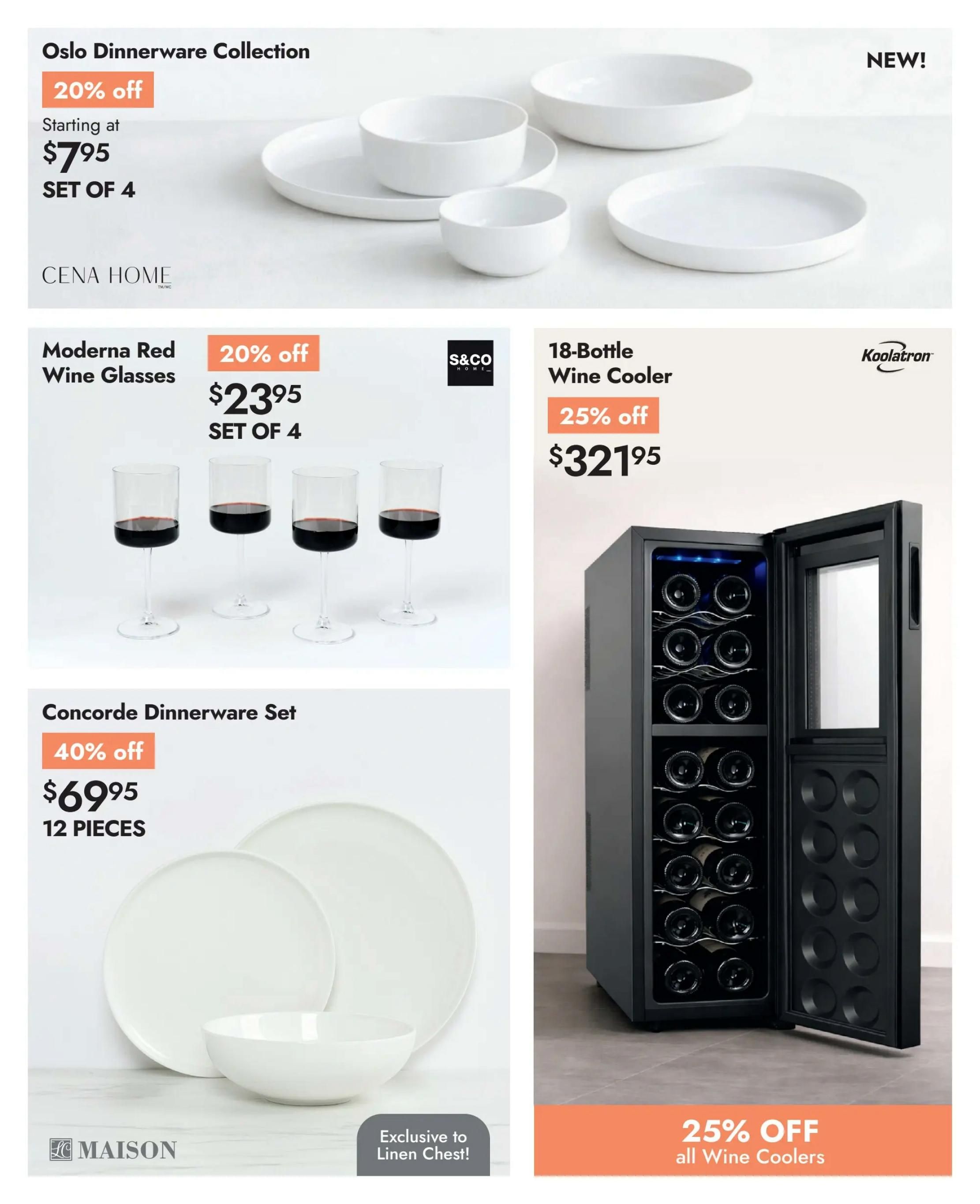 Linen Chest flyer page 3 features the Oslo Dinnerware Collection, starting at $7.95 for a set of 4, with 20% off. Also available are Moderna Red Wine Glasses, 20% off at $23.95 for a set of 4. The Concorde Dinnerware Set is 40% off, priced at $69.95 for 12 pieces and exclusive to Linen Chest. Additionally, a 18-Bottle Koolatron Wine Cooler is on sale for 25% off at $321.95, with a general 25% off offer on all Wine Coolers.