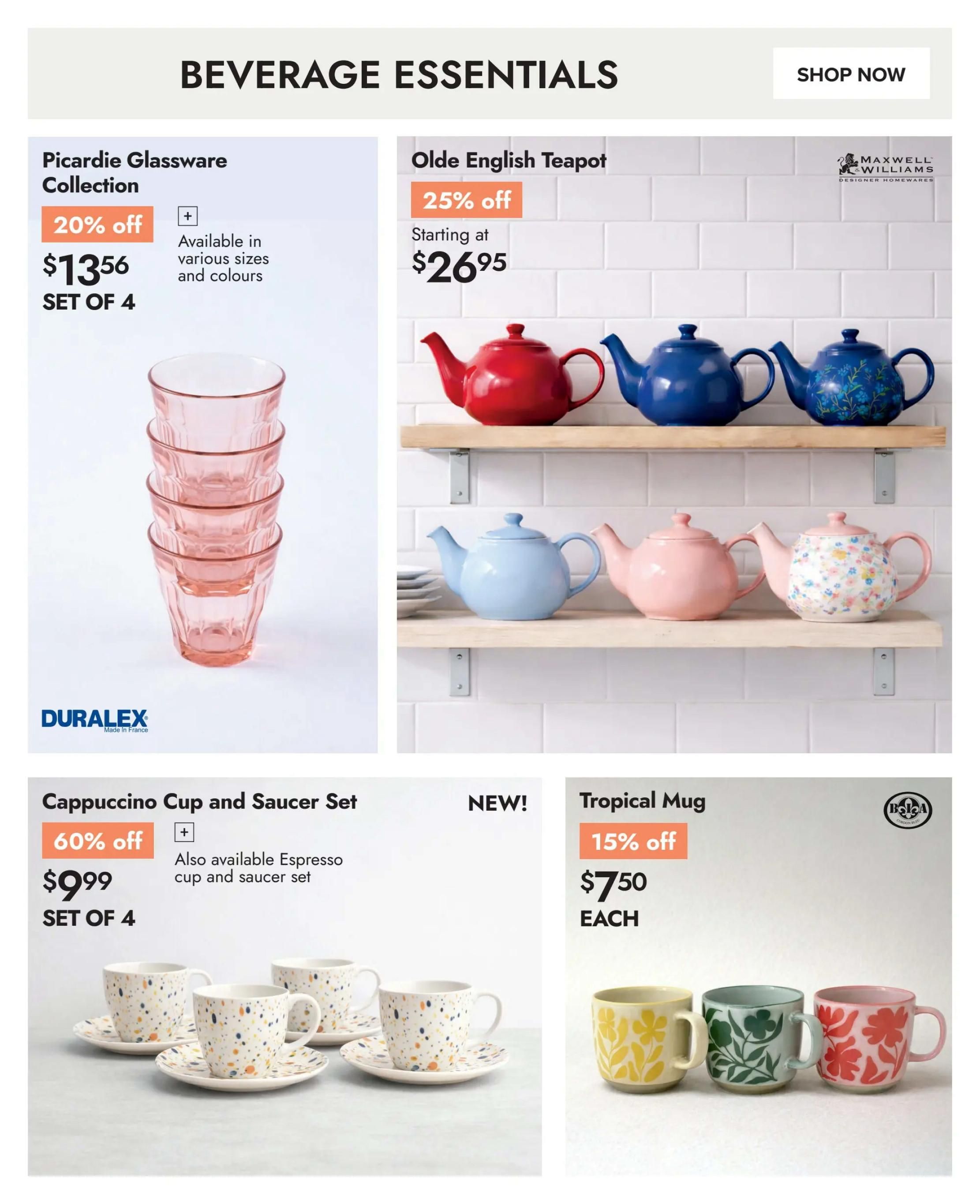 Linen Chest flyer page 4 features beverage essentials. The Picardie Glassware Collection is 20% off, priced at $13.56 for a set of 4, available in various sizes and colours. The Olde English Teapot by Maxwell & Williams is starting at $26.95 with a 25% discount. Also featured is a new Cappuccino Cup and Saucer Set for $9.99 for a set of 4, with a 60% discount, and an Espresso cup and saucer set also available. The Tropical Mug is on sale for $7.50 each with a 15% discount.