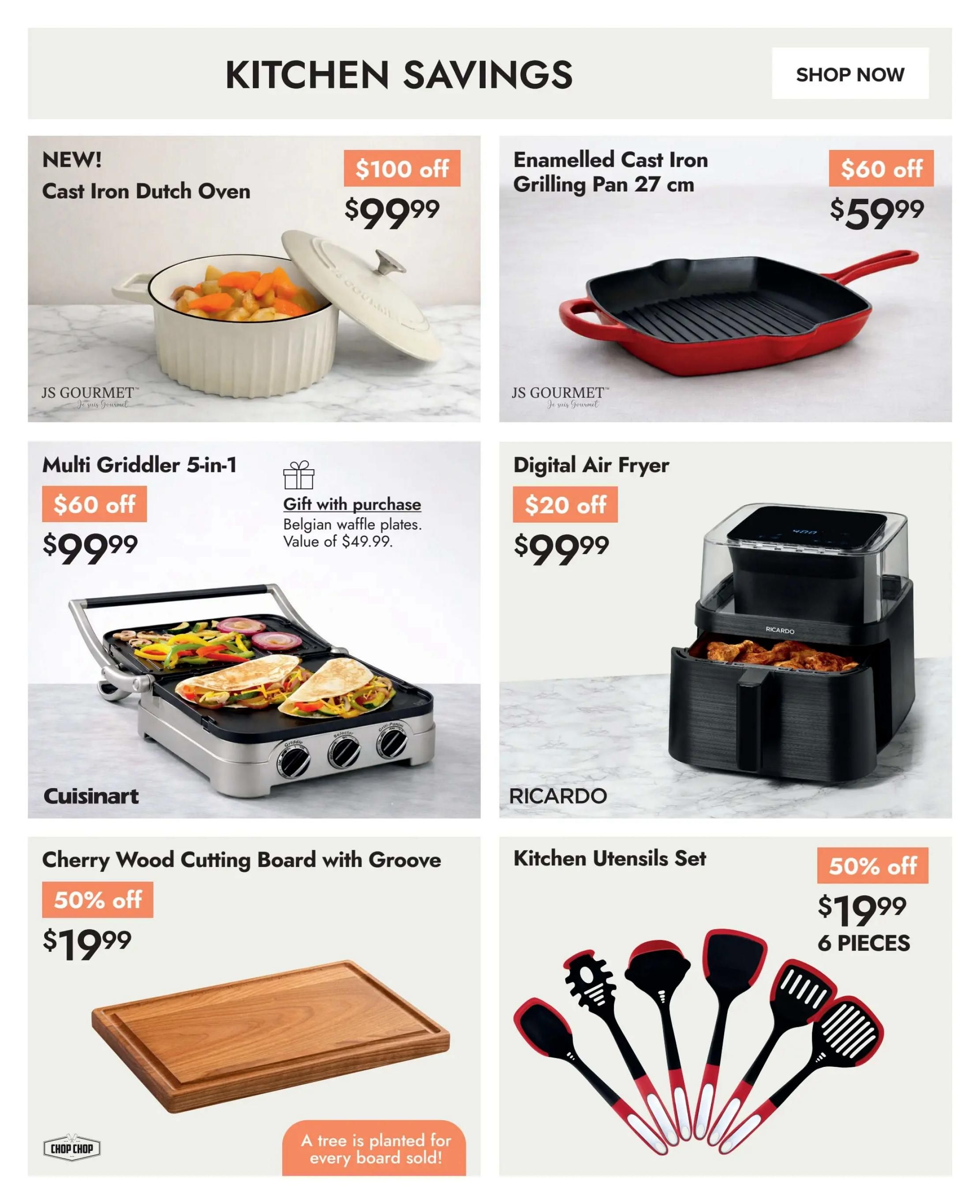 Linen Chest Kitchen Savings flyer page 6 featuring a NEW! Cast Iron Dutch Oven for $99.99 with a $100 off discount. An Enamelled Cast Iron Grilling Pan (27 cm) is on sale for $59.99 with a $60 off discount. The Multi Griddler 5-in-1 by Cuisinart is available for $99.99 with a $60 off discount, and includes a gift with purchase of Belgian waffle plates valued at $49.99. A Ricardo Digital Air Fryer is priced at $99.99 with a $20 off discount. Also featured is a Cherry Wood Cutting Board with Groove for $19.99, which is 50% off, and a tree is planted for every board sold. Finally, a 6-piece Kitchen Utensils Set is on sale for $19.99, a 50% discount.