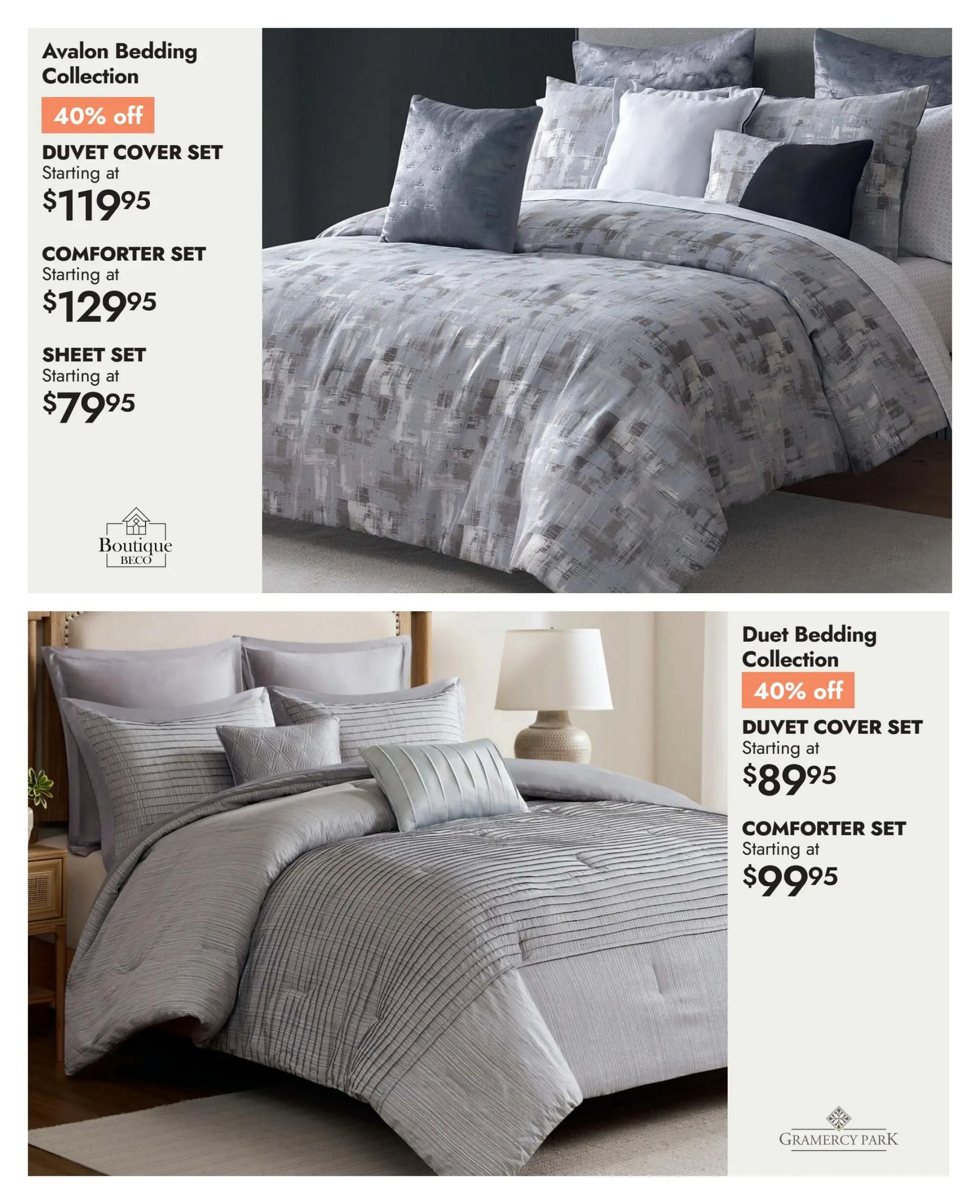Linen Chest flyer page 8 features two bedding collections. The top section showcases the Avalon Bedding Collection with 40% off. It includes a Duvet Cover Set starting at $119.95, a Comforter Set starting at $129.95, and a Sheet Set starting at $79.95. The bottom section highlights the Duet Bedding Collection, also with 40% off. This collection offers a Duvet Cover Set starting at $89.95 and a Comforter Set starting at $99.95.