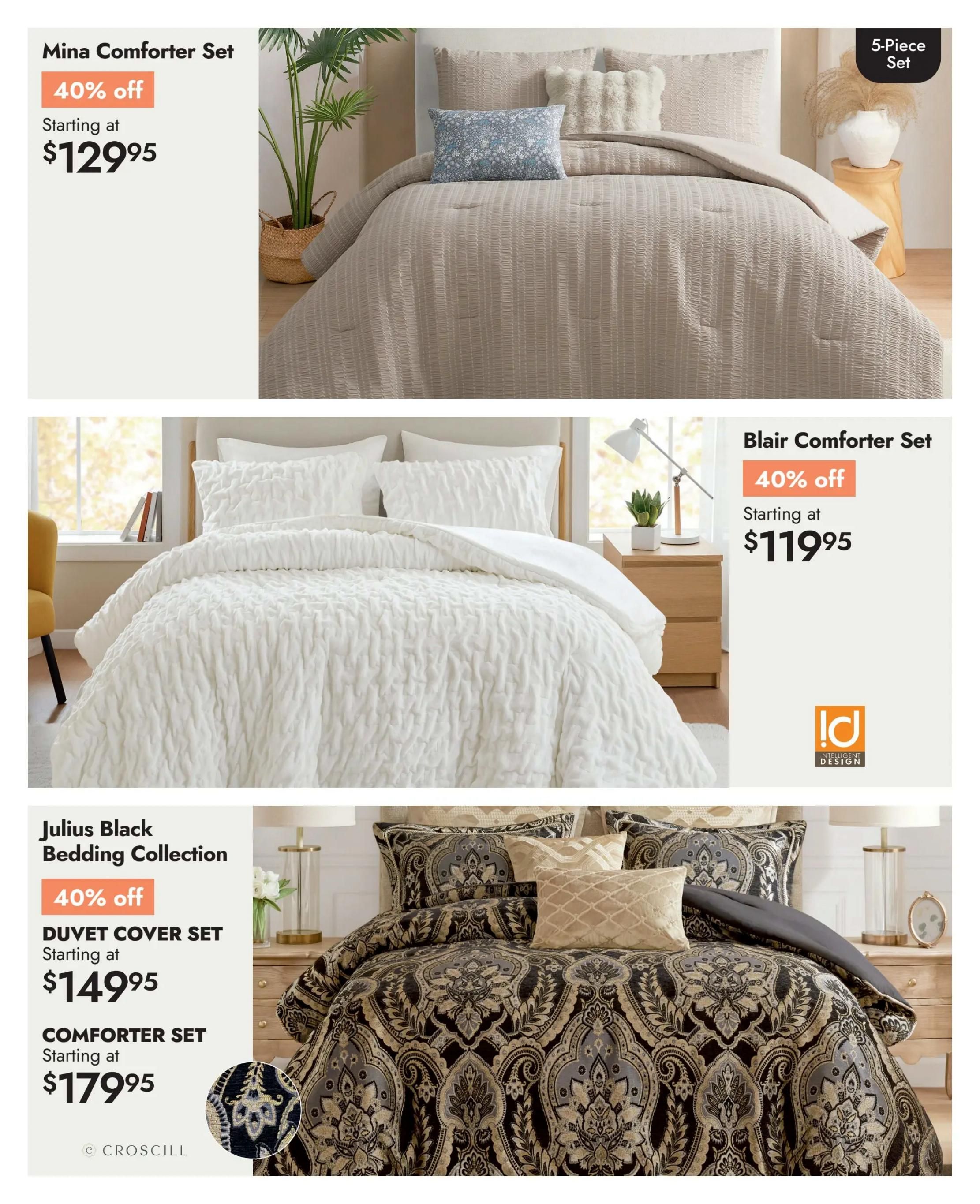 Linen Chest flyer page 9 features bedding collections. The Mina Comforter Set is 40% off, starting at $129.95. The Blair Comforter Set is also 40% off, starting at $119.95, and features the Intelligent Design logo. The Julius Black Bedding Collection offers a Duvet Cover Set starting at $149.95 and a Comforter Set starting at $179.95, both with 40% off. The Julius Black collection is by Croscill.