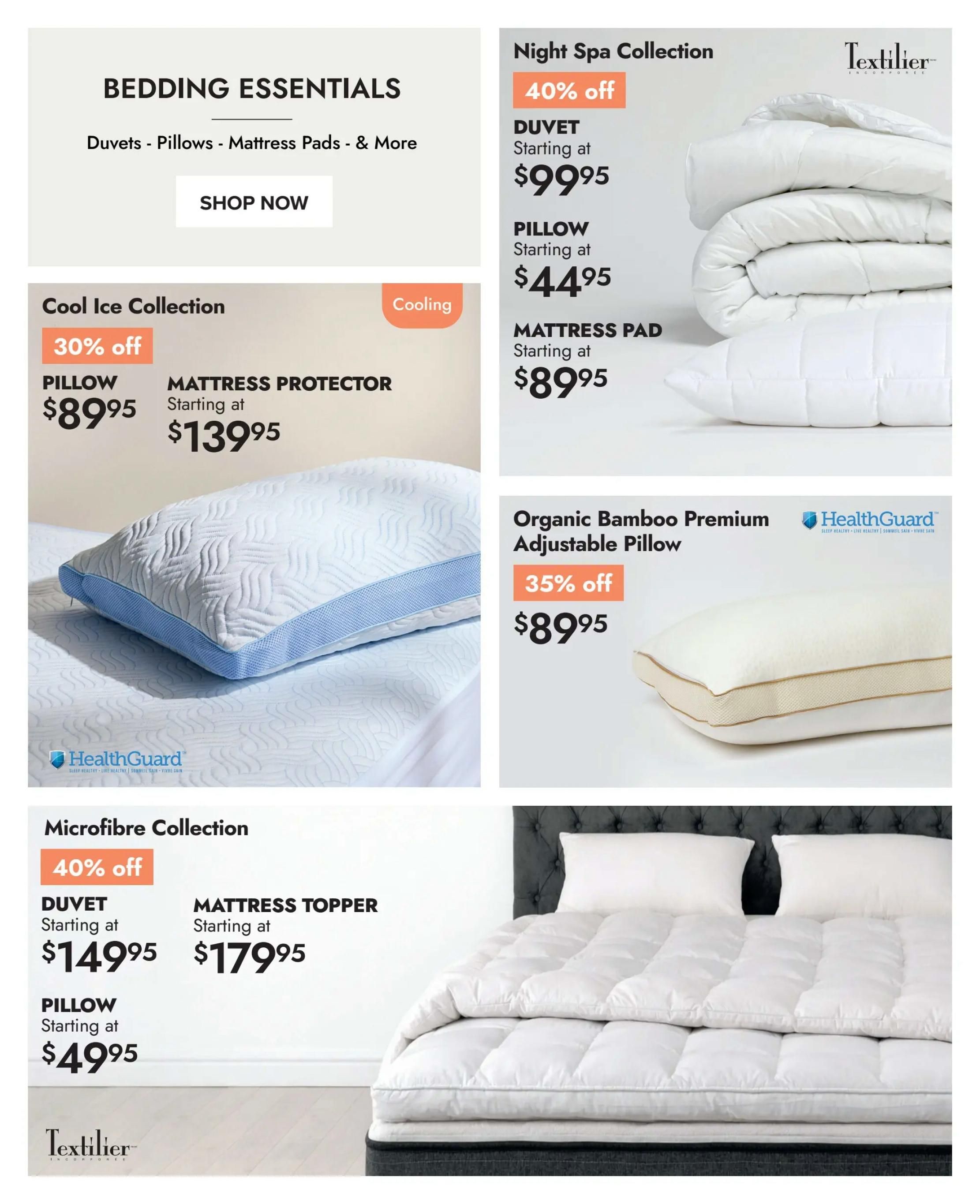 Linen Chest flyer page featuring Bedding Essentials. Includes the Night Spa Collection with 40% off Duvets starting at $99.95, Pillows starting at $44.95, and Mattress Pads starting at $89.95. Also features the Cool Ice Collection with 30% off Pillows at $89.95 and Mattress Protectors starting at $139.95. The Organic Bamboo Premium Adjustable Pillow is on sale for 35% off at $89.95. The Microfibre Collection offers 40% off Duvets starting at $149.95, Mattress Toppers starting at $179.95, and Pillows starting at $49.95.