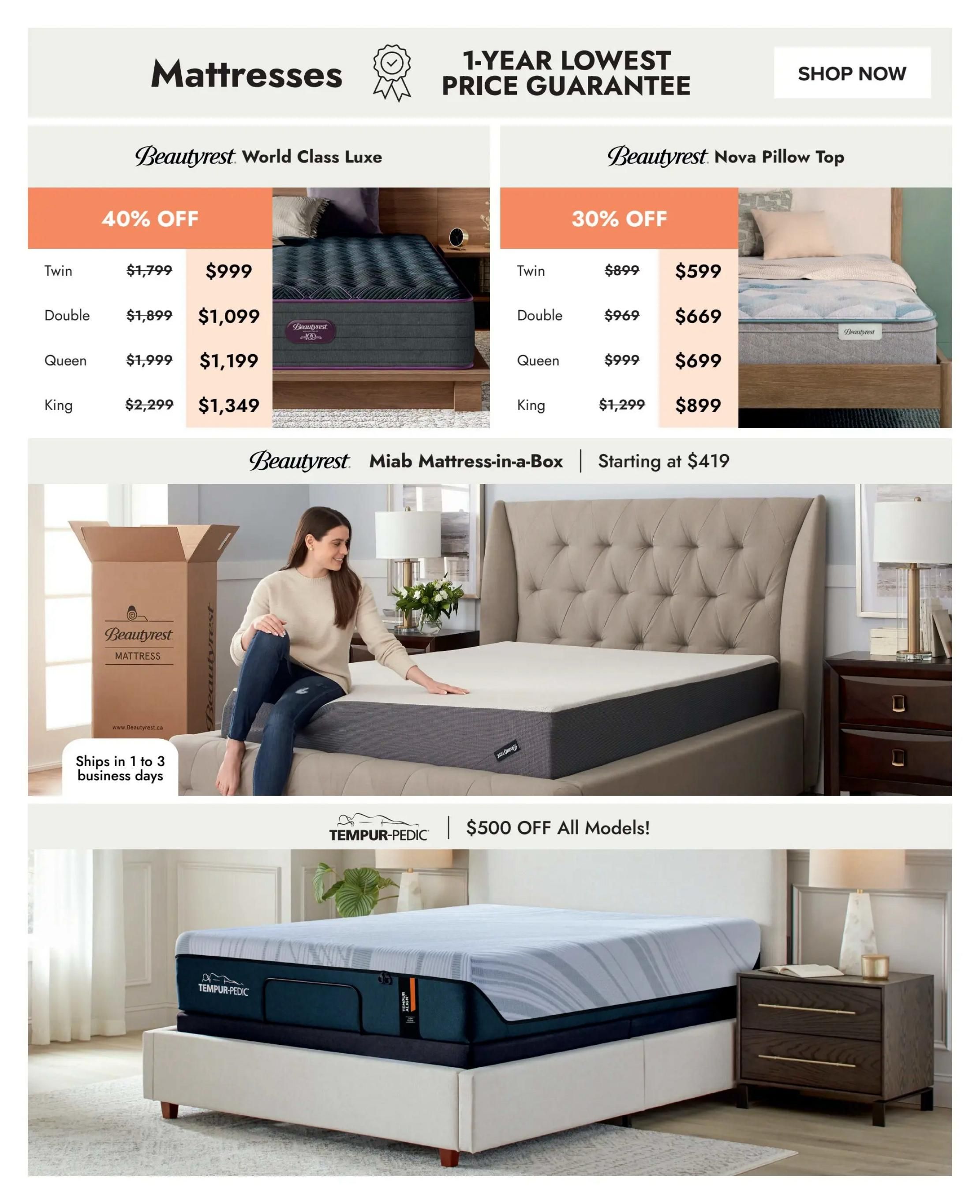 Linen Chest flyer page featuring mattresses with a 1-Year Lowest Price Guarantee. Offers include Beautyrest World Class Luxe mattresses with 40% off, with Twin size priced at $999, Double at $1,099, Queen at $1,199, and King at $1,349. Beautyrest Nova Pillow Top mattresses are 30% off, with Twin at $599, Double at $669, Queen at $699, and King at $899. Also featured is the Beautyrest Miab Mattress-in-a-Box, starting at $419, which ships in 1 to 3 business days. Additionally, there is a $500 off offer on all Tempur-Pedic mattress models.