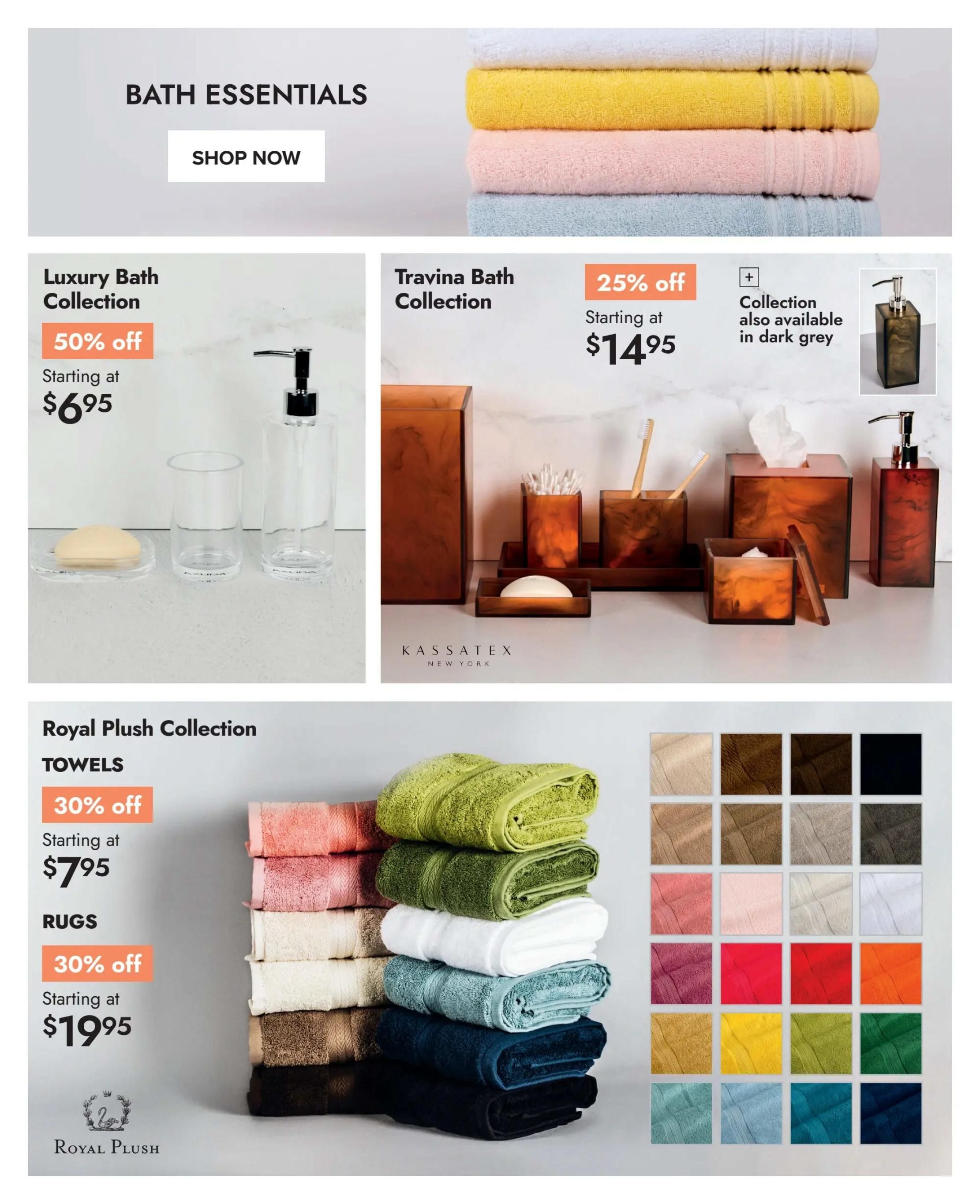 Linen Chest flyer page 12 features 'Bath Essentials' with a 'Shop Now' button. The page showcases the Luxury Bath Collection starting at $6.95 with a 50% off discount. The Travina Bath Collection is available starting at $14.95 with a 25% off discount and is also offered in dark grey. Additionally, the Royal Plush Collection is on sale, with towels starting at $7.95 and rugs starting at $19.95, both with a 30% off discount. A swatch display of various colours for the Royal Plush Collection is also visible.