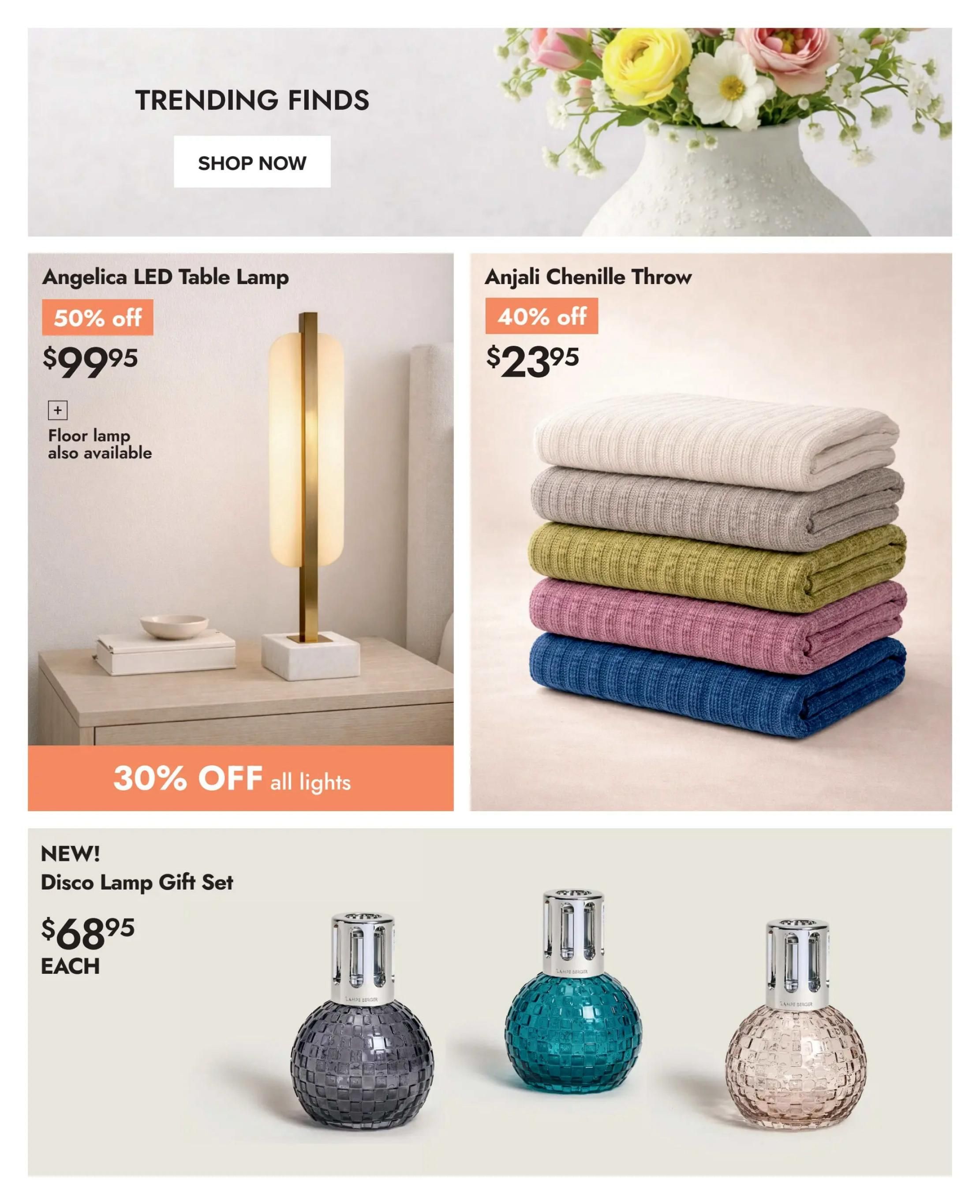 Linen Chest flyer page 13 featuring trending finds. The Angelica LED Table Lamp is 50% off, priced at $99.95, with a floor lamp also available. The Anjali Chenille Throw is 40% off, priced at $23.95. All lights are 30% off. Also featured is the new Disco Lamp Gift Set for $68.95 each, shown in grey, teal, and pink.