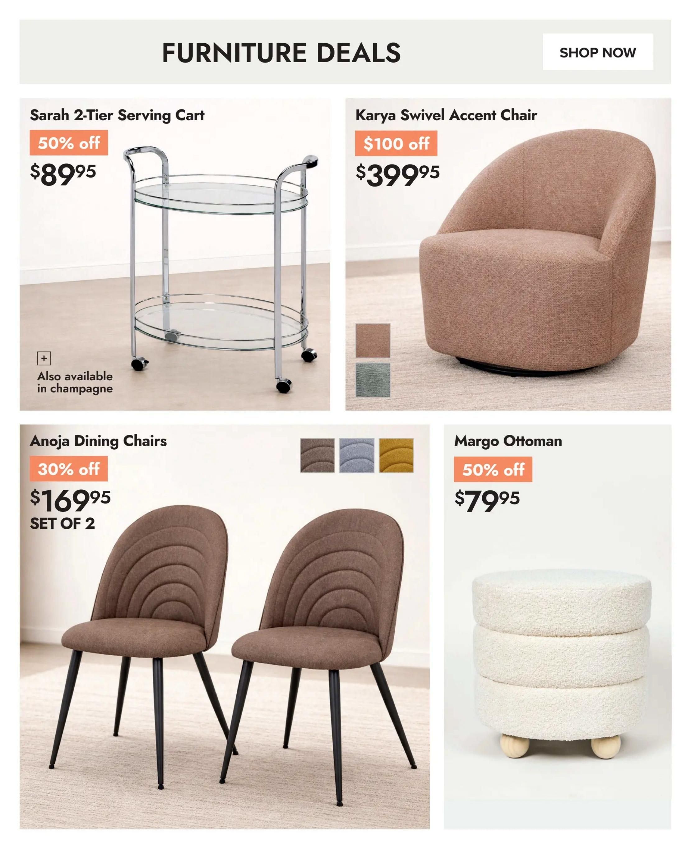Linen Chest flyer page featuring furniture deals. Includes the Sarah 2-Tier Serving Cart on sale for 50% off at $89.95, also available in champagne. The Karya Swivel Accent Chair is $100 off, priced at $399.95. The Anoja Dining Chairs are 30% off for a set of 2 at $169.95, shown in brown and available in grey and yellow. The Margo Ottoman is 50% off at $79.95.