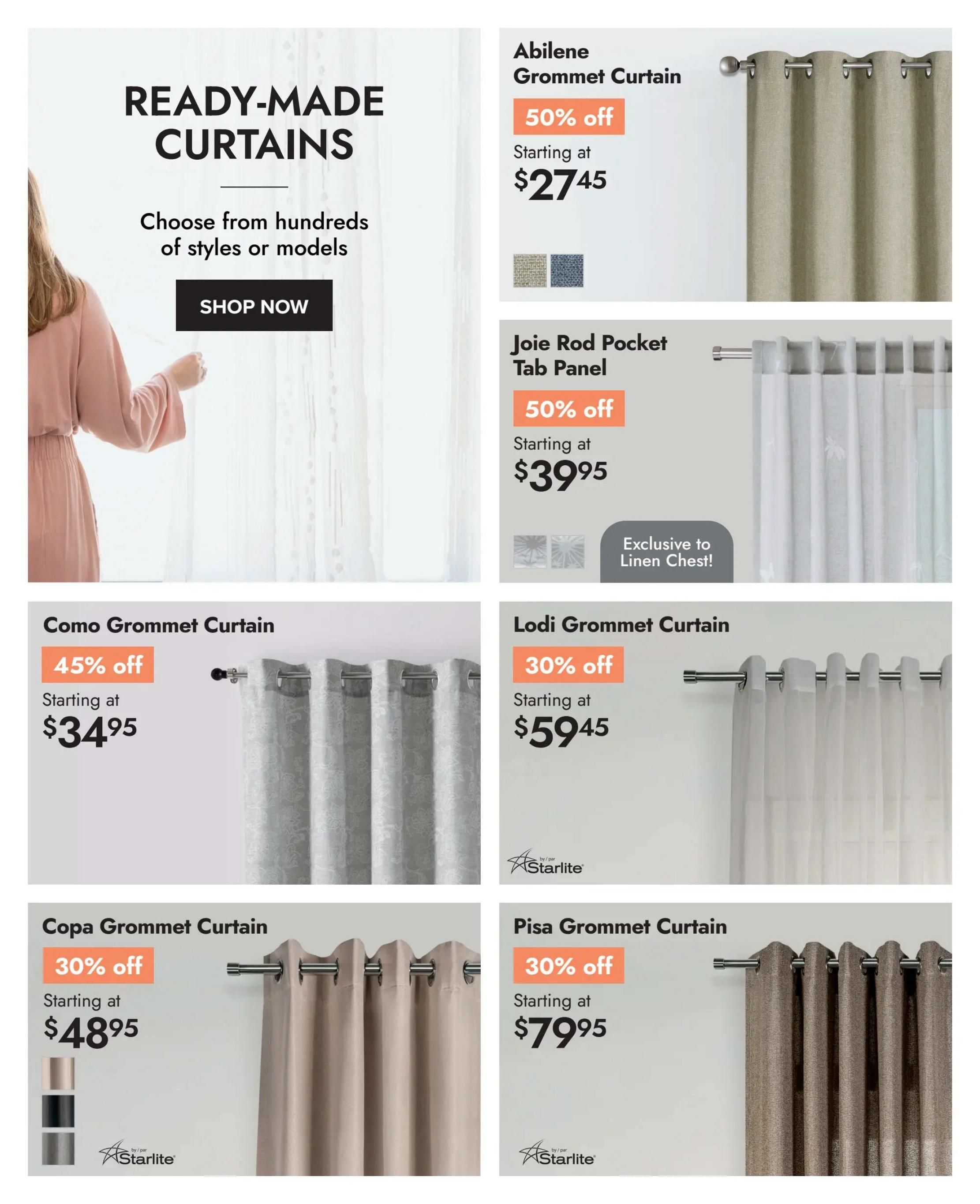 Linen Chest flyer page featuring ready-made curtains. Offers include Abilene Grommet Curtains at 50% off, starting at $27.45, available in beige and blue. Joie Rod Pocket Tab Panels are also 50% off, starting at $39.95, and are exclusive to Linen Chest. Como Grommet Curtains are 45% off, starting at $34.95, with available colours in beige, black, and grey. Lodi Grommet Curtains are 30% off, starting at $59.45. Lastly, Copa Grommet Curtains are 30% off, starting at $48.95, and Pisa Grommet Curtains are 30% off, starting at $79.95. All featured curtains are by Starlite.
