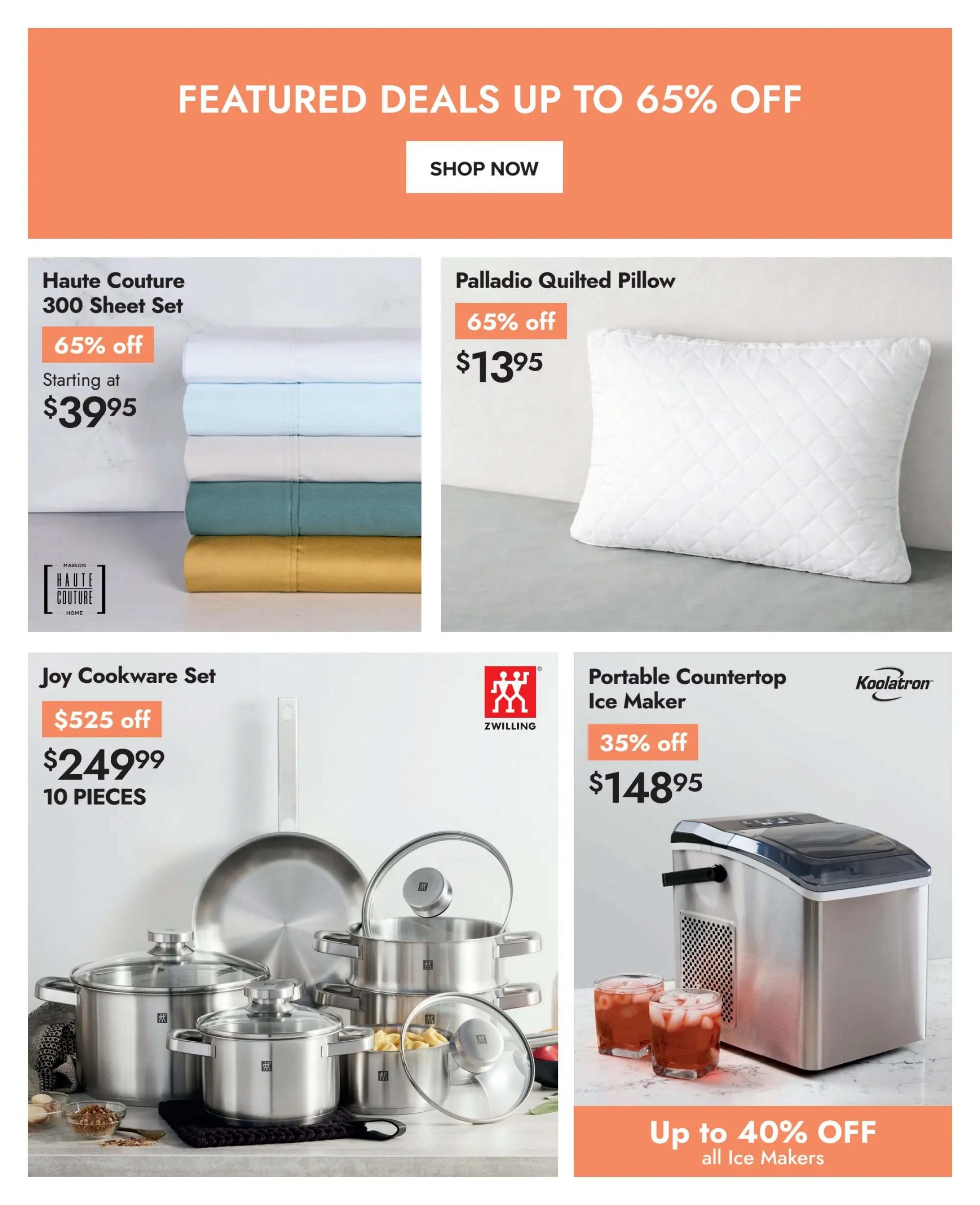 Linen Chest flyer page featuring 'Featured Deals Up to 65% Off'. Highlights include Haute Couture 300 Sheet Set starting at $39.95 with 65% off, and a Palladio Quilted Pillow also 65% off for $13.95. Also featured is the Joy Cookware Set, a 10-piece collection, on sale for $249.99 (originally $525 off). Additionally, a Portable Countertop Ice Maker by Koolatron is 35% off at $148.95, with a promotion of up to 40% off all ice makers.