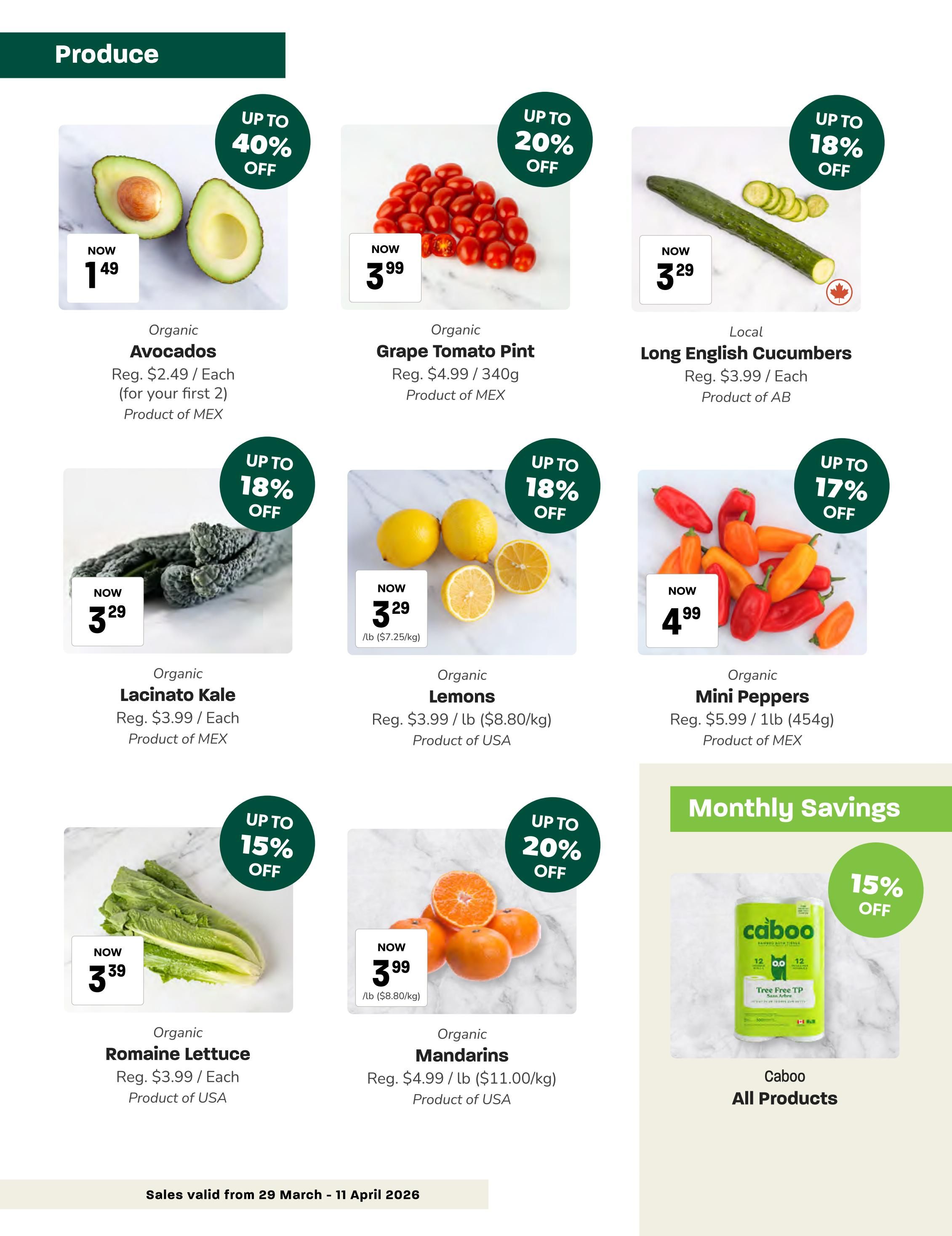 Blush Lane Organic Market flyer page 3 features a variety of produce. Organic Avocados are on sale for $1.49 each, with up to 40% off. Organic Grape Tomato Pint is $3.99 per 340g, with up to 20% off. Local Long English Cucumbers are $3.29 each, with up to 18% off. Organic Lacinato Kale is $3.29 each, with up to 18% off. Organic Lemons are $3.29 per lb ($7.25/kg), with up to 18% off. Organic Mini Peppers are $4.99 per 1lb (454g), with up to 17% off. Organic Romaine Lettuce is $3.99 each, with up to 15% off. Organic Mandarins are $3.99 per lb ($11.00/kg), with up to 20% off. The page also highlights Monthly Savings on Caboo All Products with 15% off.