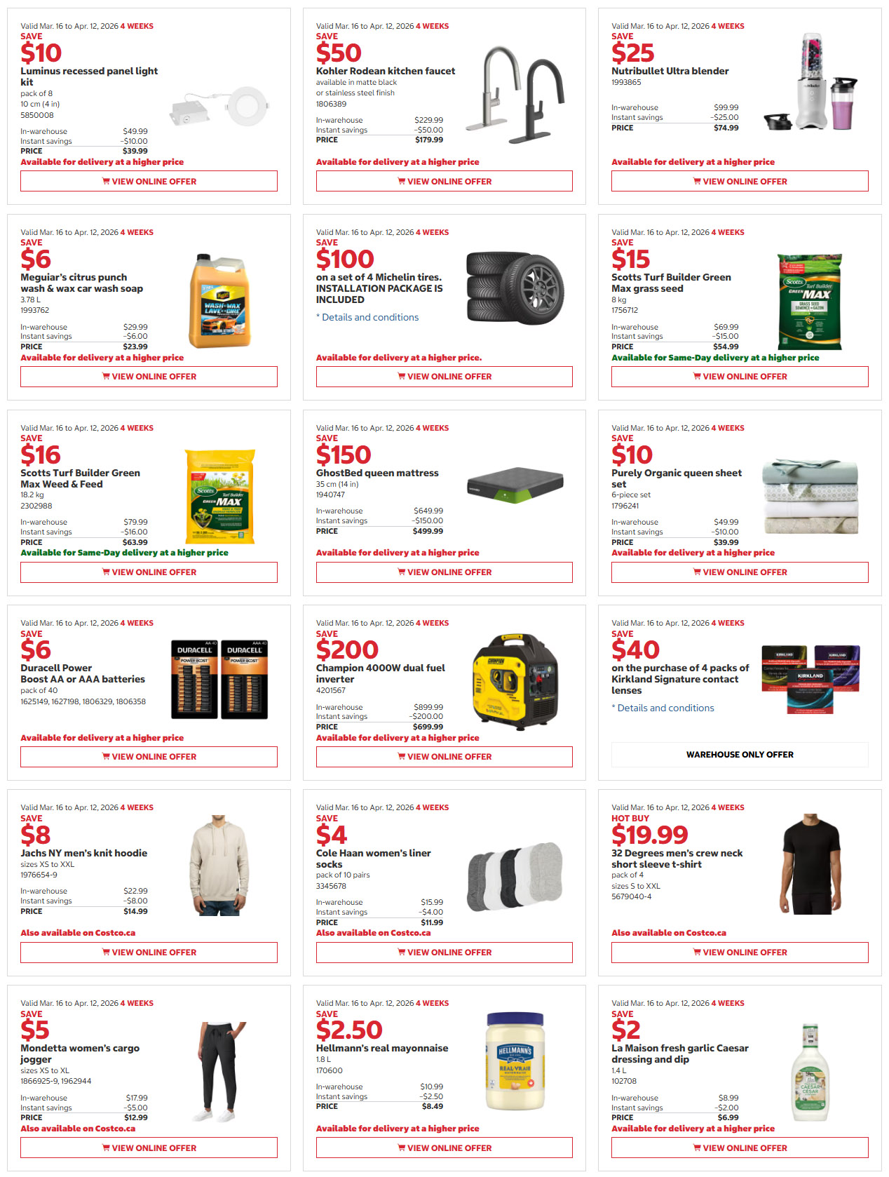 Costco flyer page 2 features savings from March 30 to April 12, 2026. Top deals include Luminus recessed panel light kit for $39.99, save $10 on Kohler Rodean kitchen faucet for $179.99, save $25 on Nutribullet Ultra blender for $74.99. Also featured are Meguiar's citrus punch wash & wax car wash soap for $23.99, save $100 on a set of 4 Michelin tires, and save $15 on Scotts Turf Builder Green Max weed & feed for $63.99. Get a GhostBed queen mattress for $499.99, save $150, and a Purely Organic queen sheet set for $39.99, save $10. Duracell Power Boost AA or AAA batteries (pack of 40) are $6, save $6. Champion 4000W dual fuel inverter is $699.99, save $200. Save $40 on the purchase of 4 packs of Kirkland Signature contact lenses. Jachs NY men's knit hoodie is $14.99, save $8. Cole Haan women's liner socks (pack of 10) are $11.99, save $4. Hot Buy: 32 Degrees men's crew neck short sleeve t-shirt for $19.99. Mondetta women's cargo jogger is $12.99, save $5. Hellmann's real mayonnaise 1.8 L is $8.49, save $2.50. La Maison fresh garlic Caesar dressing and dip 1.4 L is $6.99, save $2.