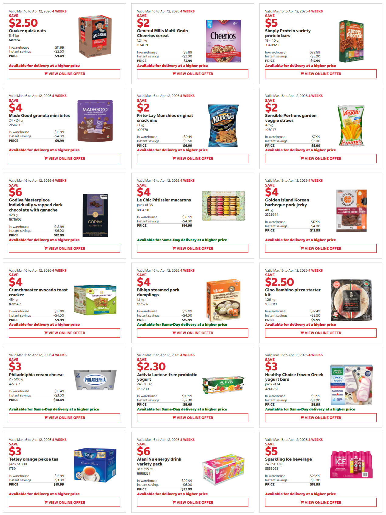 Costco flyer page 3 features savings from March 16 to April 12, 2026. Featured products include Quaker quick oats for $9.49, General Mills Multi-Grain Cheerios cereal for $7.99, and Simply Protein variety protein bars for $17.99. Also on sale are Made Good granola mini bites for $9.99, Frito-Lay Munchies original snack mix for $6.99, and Sensible Portions Garden veggie straws for $3.99. Sweet treats include Godiva Masterpiece individually wrapped dark chocolate with ganache for $12.99 and Le Chic Pâtissier macarons for $14.99. Savoury options include Golden Island Korean barbecue pork jerky for $13.99, Crunchmaster avocado toast cracker for $9.99, and Bibigo steamed pork dumplings for $15.99. Dairy and healthy options include Philadelphia cream cheese for $10.49, Activia lactose-free probiotic yogurt for $8.69, and Healthy Choice frozen Greek yogurt bars for $8.99. Beverages and tea include Tetley orange pekoe tea for $10.99, Alani Nu energy drink variety pack for $23.99, and Sparkling Ice beverage for $18.99. All items are available for delivery at a higher price, with some also available for Same-Day Delivery.