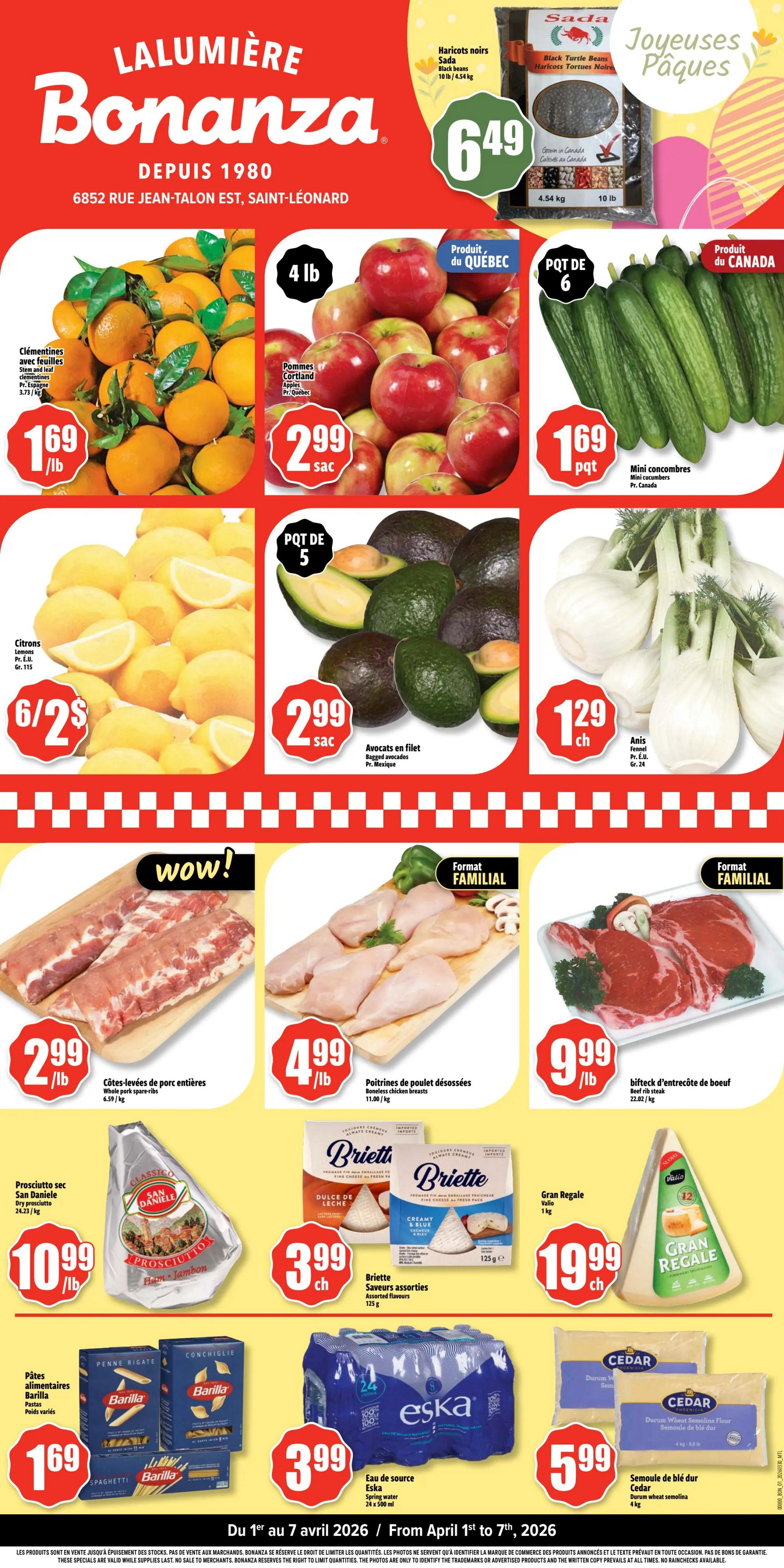 Bonanza weekly flyer specials page 1 featuring a variety of fresh produce and meats. Highlights include Clementines with leaves from Spain for $1.69/lb, Cortland apples from Quebec for $2.99/bag, and mini cucumbers from Canada for $1.69/pkg. Also featured are lemons at 6 for $2, bagged avocados from Mexico for $2.99/bag, and fennel from the EU/Canada for $1.29 each. Meat specials include whole pork spare-ribs for $2.99/lb, boneless chicken breasts for $4.99/lb, and beef rib steak for $9.99/lb. Other items include Sada black beans for $6.49, San Daniele dry prosciutto for $10.99/lb, assorted Briette cheeses for $3.99 each, Barilla pasta for $1.69, Eska spring water (24 x 500 ml) for $3.99, and Cedar durum wheat semolina for $5.99. The flyer is valid from April 1st to April 7th, 2026.