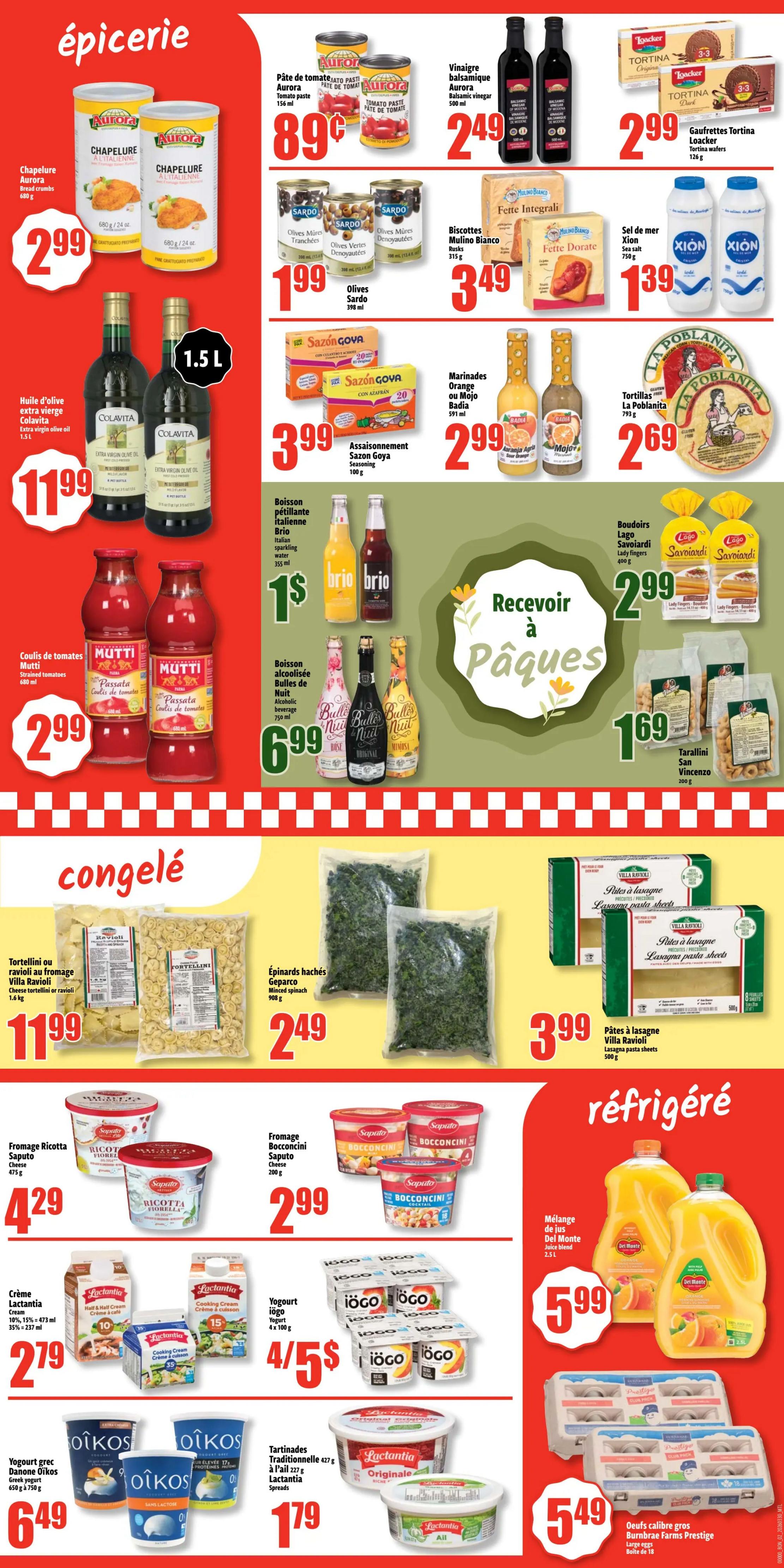 Bonanza weekly flyer specials page 2 features grocery, frozen, and refrigerated items. Grocery deals include Aurora bread crumbs for $2.99, Colavita extra virgin olive oil 1.5L for $11.99, Mutti crushed tomatoes 680 ml for $2.99, Aurora tomato paste 156 ml for $0.89, Aurora balsamic vinegar 500 ml for $2.49, Loacker Tortina wafers 126 g for $2.99, Sardo olives 398 ml for $1.99, Mulino Bianco Biscottes 315 g for $3.49, Xion sea salt 750 g for $1.39, Sazon Goya seasoning 100 g for $3.99, Badia marinades 591 ml for $2.99, La Poblanita tortillas 795 g for $2.69, Brio Italian sparkling water 335 ml for $1, and Bulles de Nuit alcoholic beverage 750 ml for $6.99. Frozen items include Villa Ravioli tortellini or ravioli 1.6 kg for $11.99, Geparco chopped spinach 900 g for $2.49, and Villa Ravioli lasagna pasta sheets 500 g for $3.99. Refrigerated items include Saputo ricotta 475 g for $4.29, Saputo bocconcini 200 g for $2.99, Lactantia cream 10% or 35% 473 ml for $2.79, Iögo yogurt 4 x 100 g for 4/$5, Oikos Greek yogurt 650 g to 750 g for $6.49, Lactantia traditional spread 427 g for $1.79, Del Monte juice blend 2.5 L for $5.99, and Prestige large eggs 18 count for $5.49.