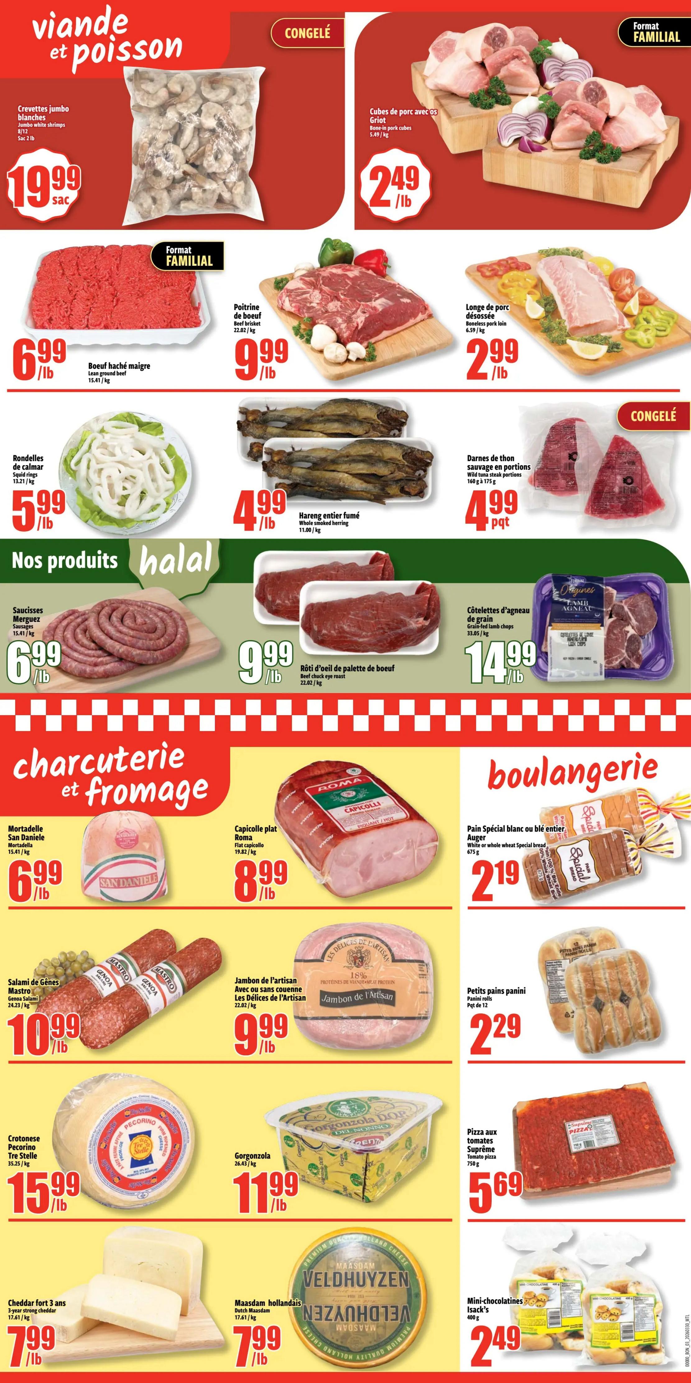 Bonanza weekly flyer specials page 3 features a variety of meats, cheeses, and bakery items. Frozen jumbo white shrimp are $19.99 per bag. Bone-in pork cubes are $2.49/lb. Lean ground beef is $6.99/lb. Beef brisket is $9.99/lb. Boneless pork loin is $2.99/lb. Squid rings are $5.99/lb. Whole smoked herring is $4.99/lb. Wild tuna steak portions are $4.99 per package. Halal products include Merguez sausages for $6.99/lb and beef chuck eye roast for $9.99/lb. Grain-fed lamb chops are $14.99/lb. Charcuterie and cheese selection includes San Daniele Mortadella for $6.99/lb, Roma Capicollo flat for $8.99/lb, Mastro Genoa salami for $10.99/lb, Artisan ham (with or without rind) for $9.99/lb, Crotonese Pecorino Tre Stelle cheese for $15.99/lb, Gorgonzola cheese for $11.99/lb, 3-year aged cheddar for $7.99/lb, and Veldhuyzen Dutch Maasdam cheese for $7.99/lb. Bakery items include whole or whole wheat special bread for $2.19 and panini rolls for $2.29. Also featured are Isack's mini chocolate chip cookies for $2.49 and supreme tomato pizza for $5.69.