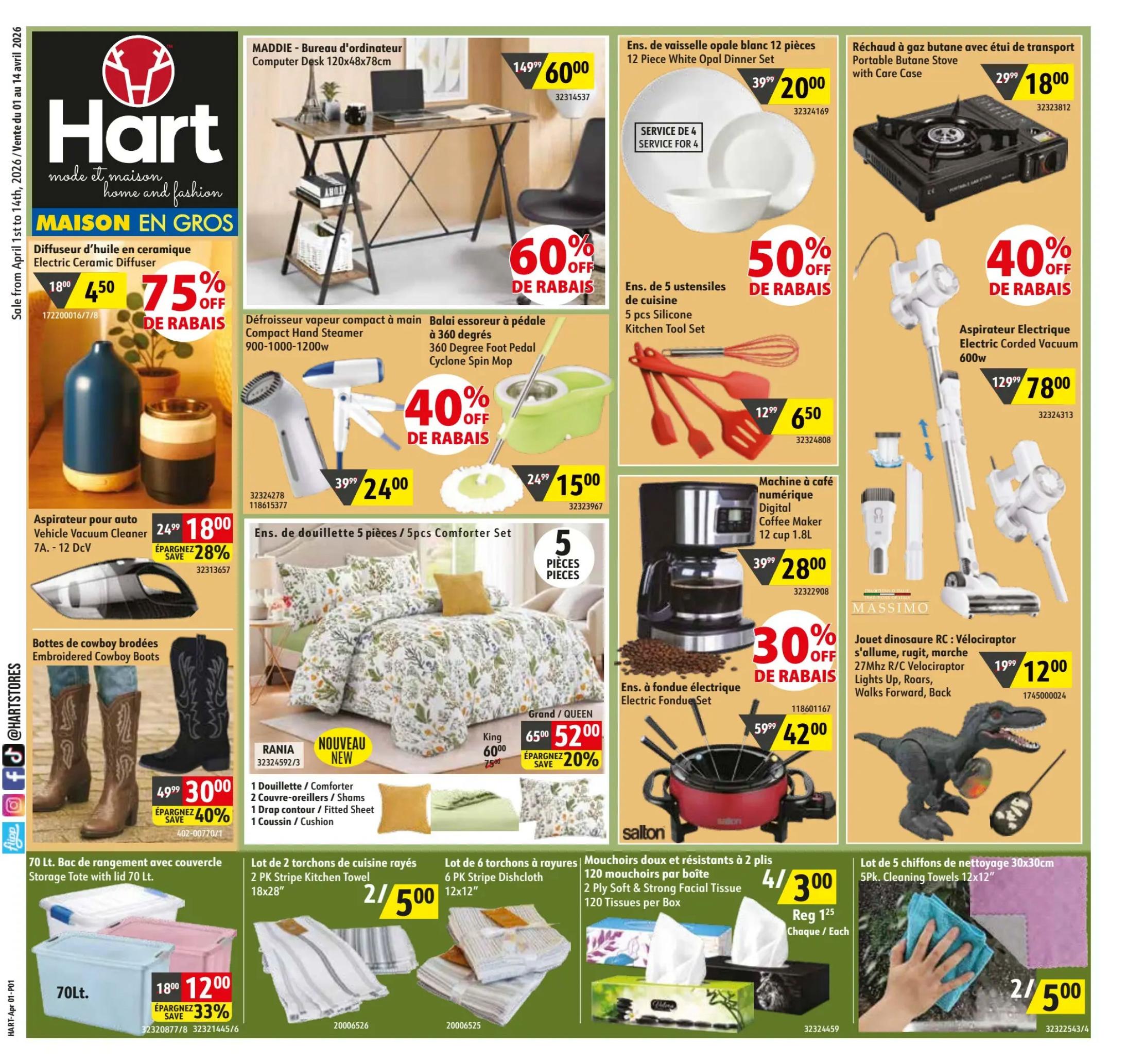 Hart flyer specials page 1 featuring a wide variety of home goods and appliances. Top row includes a Maddie computer desk for $60.00 (down from $149.99, 60% off), a 12-piece white opal dinner set for $20.00 (down from $39.99, 50% off), and a portable butane stove with care case for $18.00 (down from $29.99, 40% off). Middle row showcases a ceramic electric diffuser for $4.50 (down from $18.00, 75% off), a 360-degree foot pedal cyclone spin mop for $15.00 (down from $24.99, 40% off), a 5-piece silicone kitchen tool set for $6.50 (down from $12.99, 50% off), and a 600W electric corded vacuum for $78.00 (down from $129.99, 40% off). Also featured is a compact hand steamer for $24.00 (down from $39.99), a digital 12-cup coffee maker for $28.00 (down from $39.99, 30% off), and a 27Mhz R/C Velociraptor toy that roars and walks for $12.00 (down from $19.99). Bottom row includes embroidered cowboy boots for $30.00 (down from $49.99, 40% off), a 5-piece comforter set available in Grand/Queen for $52.00 (down from $65.00, 20% off) and King for $60.00 (down from $75.00, 20% off), a 70 L storage tote with lid for $12.00 (down from $18.00, 33% off), a 2-pack stripe kitchen towel set for $5.00, 120-count 2-ply soft & strong facial tissues for $3.00 each, and a 5-pack of 12x12' cleaning towels for $5.00.