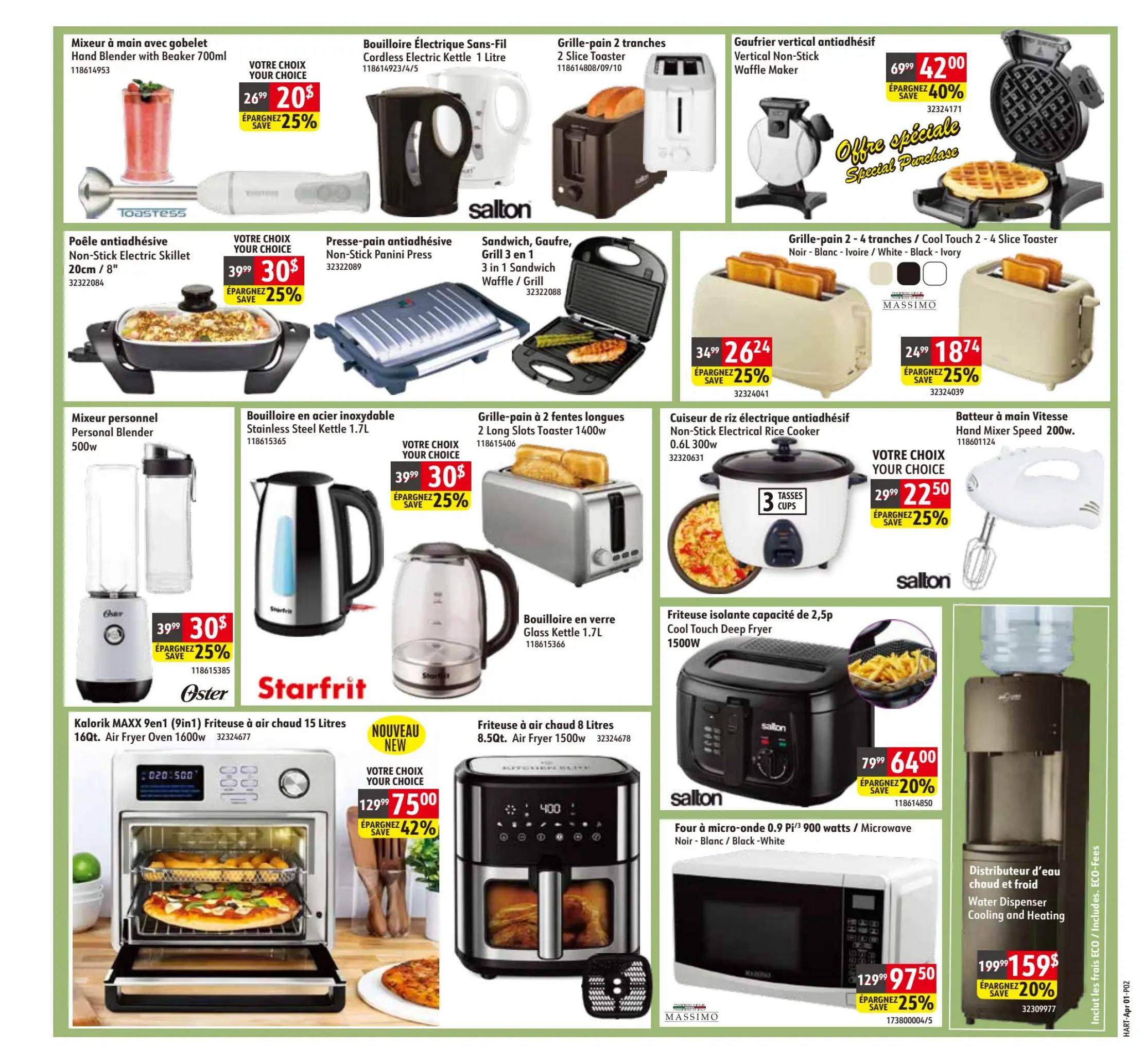 Hart flyer specials page 2 features a variety of kitchen appliances. On the top row, find a Toastess Hand Blender with Beaker for $20.99 (save 25%), a Salton Cordless Electric Kettle for your choice of price, a 2 Slice Toaster for your choice of price, and a Vertical Non-Stick Waffle Maker for $42.00 (save 40%). Below, a Non-Stick Electric Skillet 20cm/8' is $30.99 (save 25%), a 3-in-1 Sandwich Waffle/Grill is available for your choice of price, and a Cool Touch 2-4 Slice Toaster in Black or White is $26.24 (save 25%). In the middle section, a Personal Blender 500w is $30.99 (save 25%), a Stainless Steel Kettle 1.7L is $30.99 (save 25%), a 2 Long Slots Toaster 1400w is $26.24 (save 25%), a Non-Stick Electrical Rice Cooker 0.6L 300w is $18.74 (save 25%), and a Hand Mixer Speed 200w is $22.50 (save 25%). Towards the bottom, a Kalorik MAXX 9in1 Air Fryer Oven 1600w is $75.00 (save 42%), a Kitchen Elite 8.5Qt Air Fryer 1500w is $64.00 (save 20%), and a Salton Microwave 0.9 Pi³/900 watts is $97.50 (save 25%). Finally, a Water Dispenser Cooling and Heating is $159.00 (save 20%).