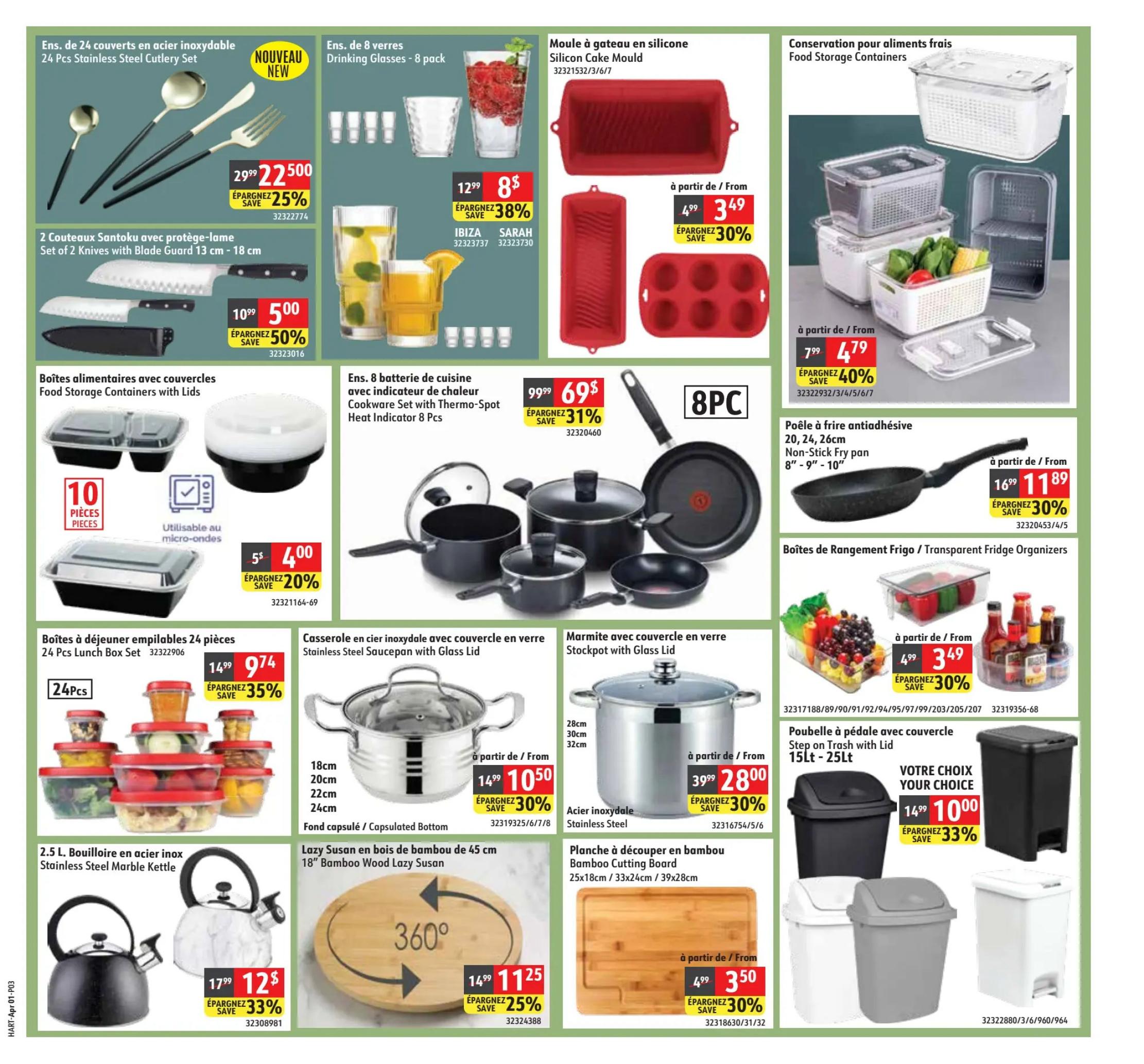 Hart flyer specials page 3 features a variety of kitchenware and storage solutions. Top row includes a 24-piece stainless steel cutlery set for $22.50 (save 25%), an 8-pack of drinking glasses for $8 (save 38%), a silicone cake mould starting at $3.49 (save 30%), and food storage containers starting at $4.79 (save 40%). Middle row showcases a set of 2 Santoku knives with blade guards for $5.00 (save 50%), an 8-piece cookware set with thermo-spot heat indicator for $69.99 (save 31%), a non-stick fry pan starting at $11.89 (save 30%), and transparent fridge organizers starting at $3.49 (save 30%). Bottom row features a 24-piece stackable lunch box set for $9.74 (save 35%), a stainless steel saucepan with glass lid starting at $10.50 (save 30%), a stockpot with glass lid starting at $28.00 (save 30%), a 2.5L stainless steel marble kettle for $12.00 (save 33%), a bamboo wood lazy susan for $11.25 (save 25%), and step-on trash cans with lids for $10.00 (save 33%).
